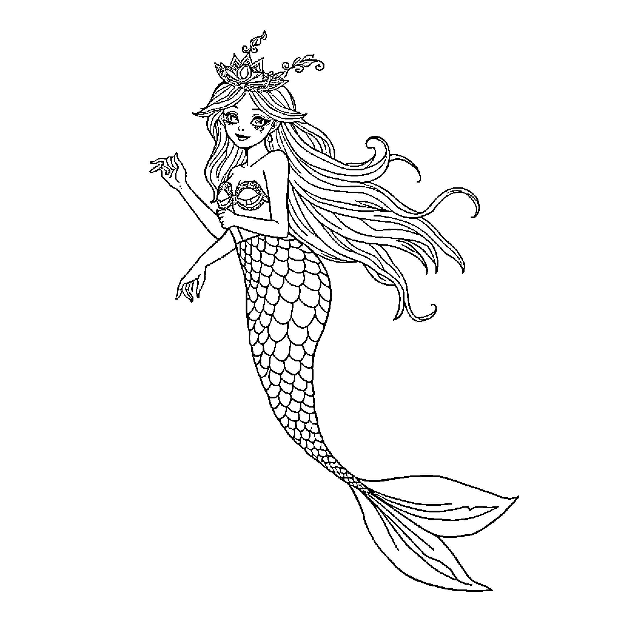 Mermaid with ornate crown waving in the sea Coloring Page (free black-and-white line drawing printable PDF for all, from beginners to advanced learners, including children, teens, adults, and seniors)