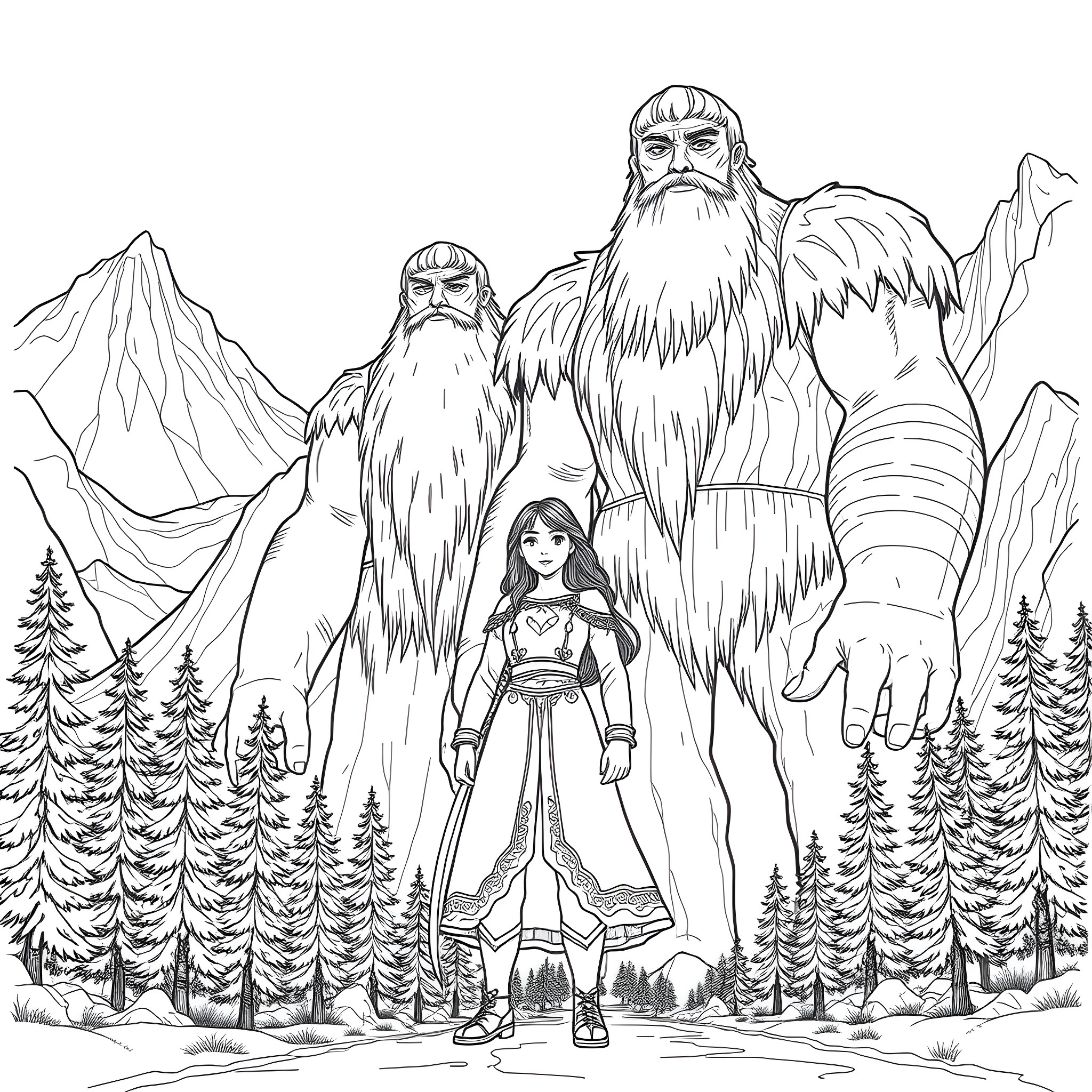Anna's Magical Mountain Adventure Coloring Page (free black-and-white line drawing printable PDF for all, from beginners to advanced learners, including children, teens, adults, and seniors)