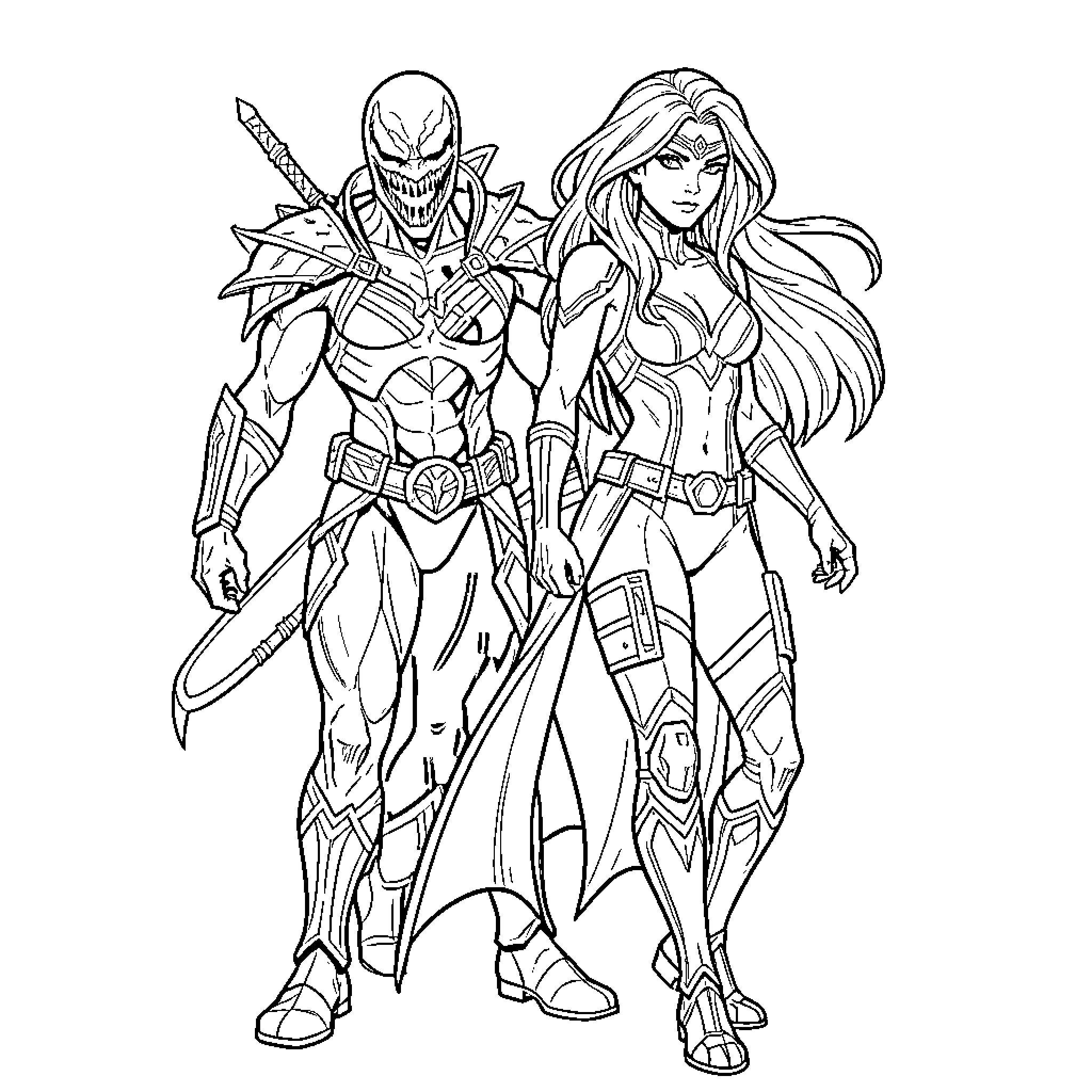 Venom and a Powerful Female Warrior Duo Coloring Page (free black-and-white line drawing printable PDF for all, from beginners to advanced learners, including children, teens, adults, and seniors)