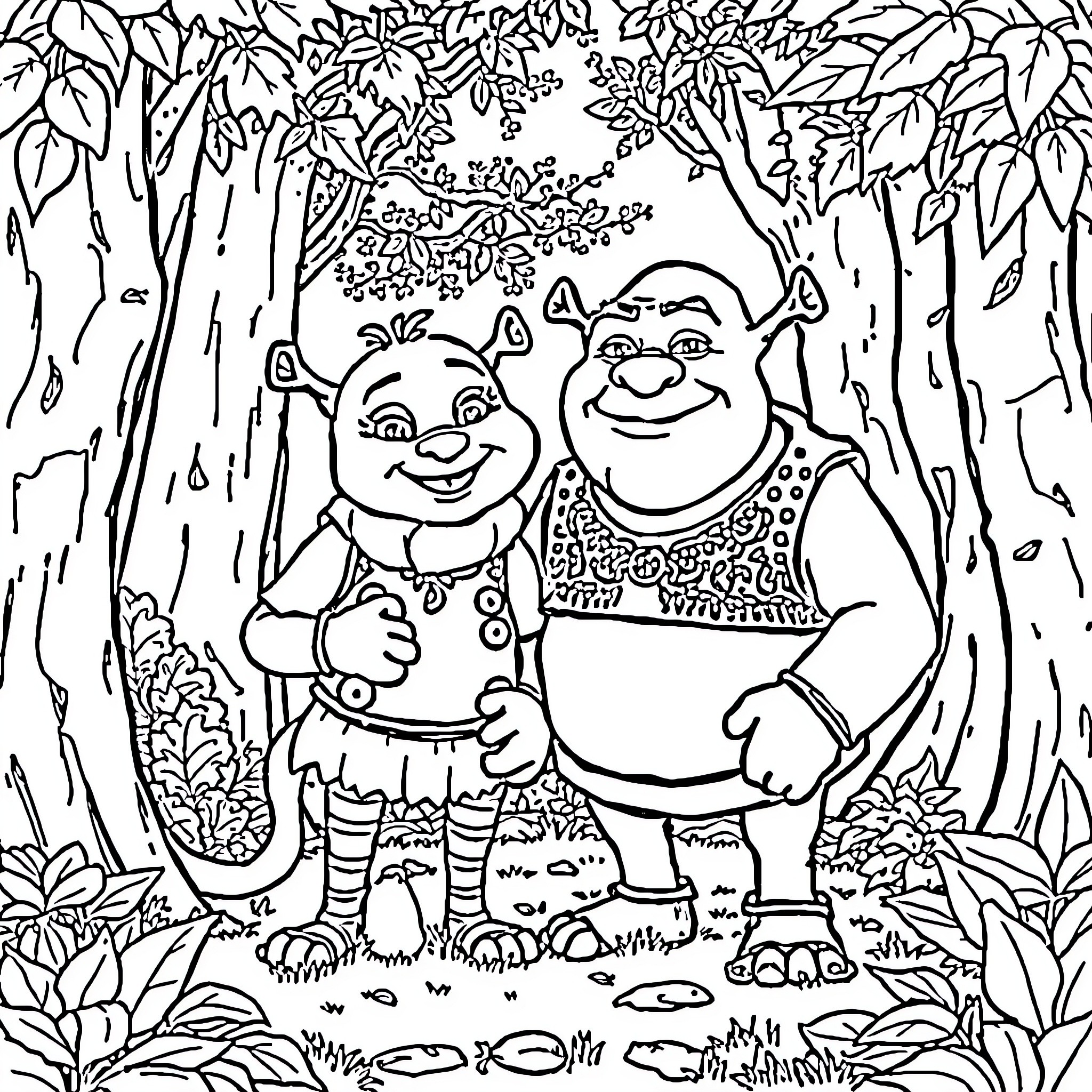 Cat and friends exploring the forest Coloring Page (free black-and-white line drawing printable PDF for all, from beginners to advanced learners, including children, teens, adults, and seniors)