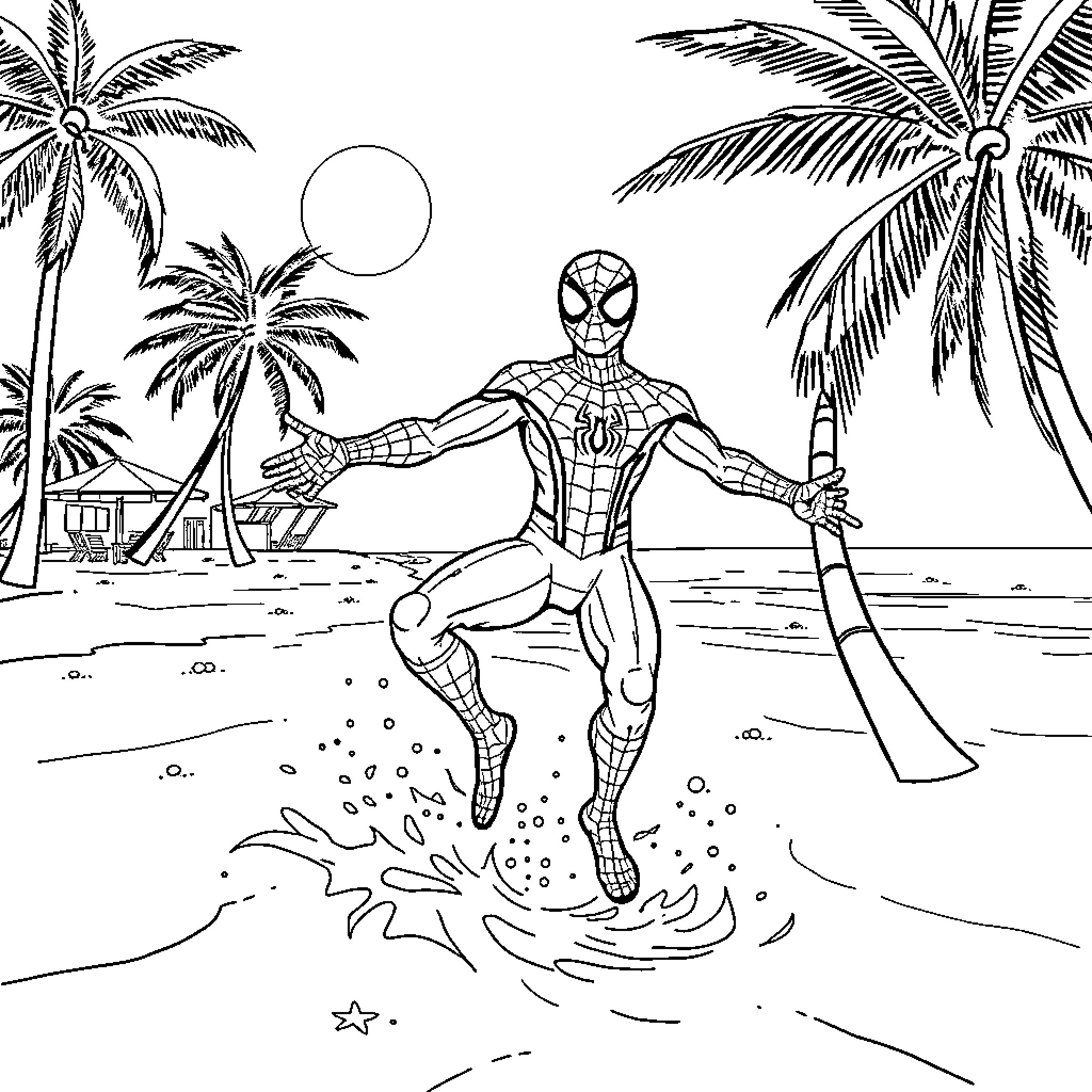 Spider-Man surfing on a tropical beach Coloring Page (free black-and-white line drawing printable PDF for all, from beginners to advanced learners, including children, teens, adults, and seniors)