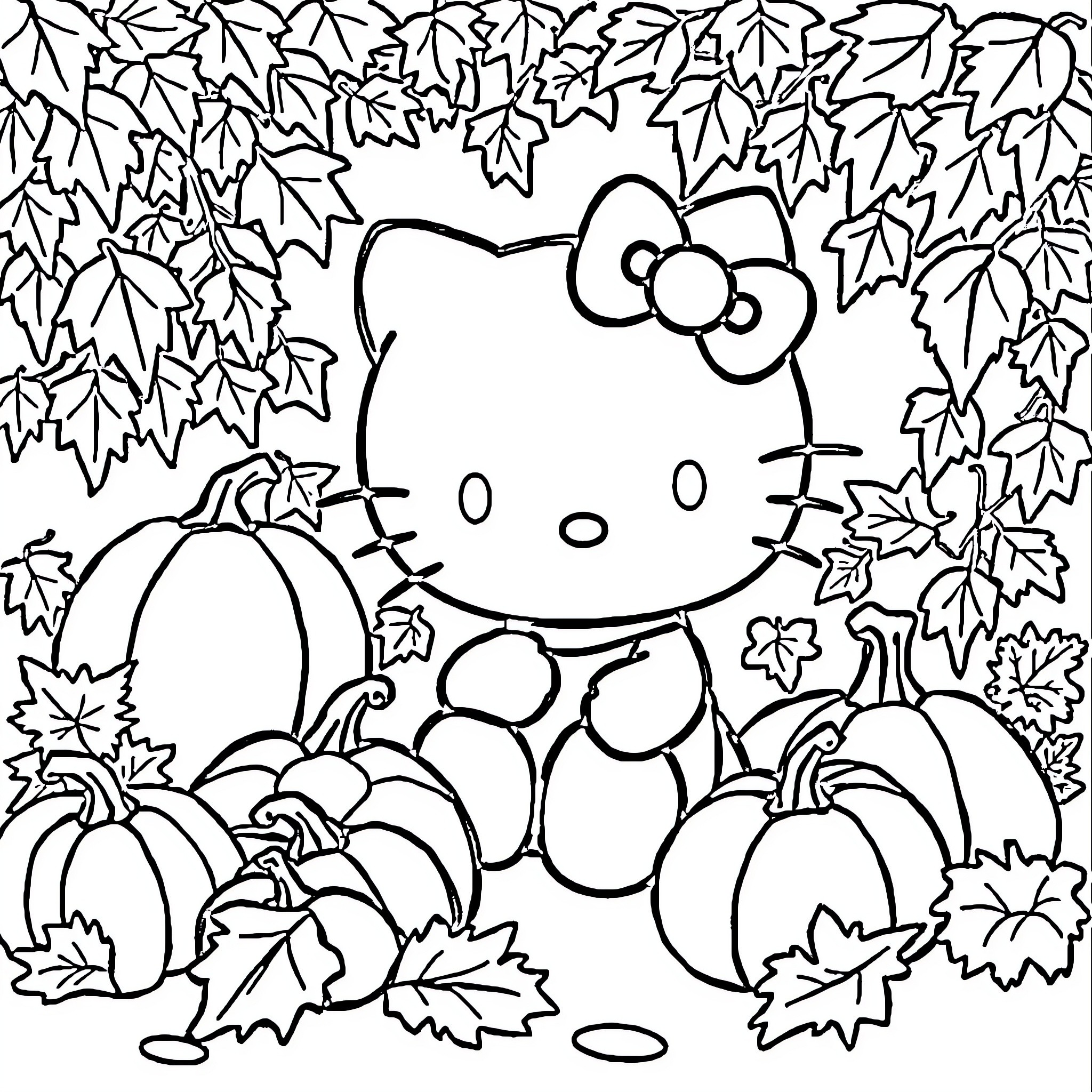 Hello Kitty enjoying a fall day with pumpkins Coloring Page (free black-and-white line drawing printable PDF for all, from beginners to advanced learners, including children, teens, adults, and seniors)