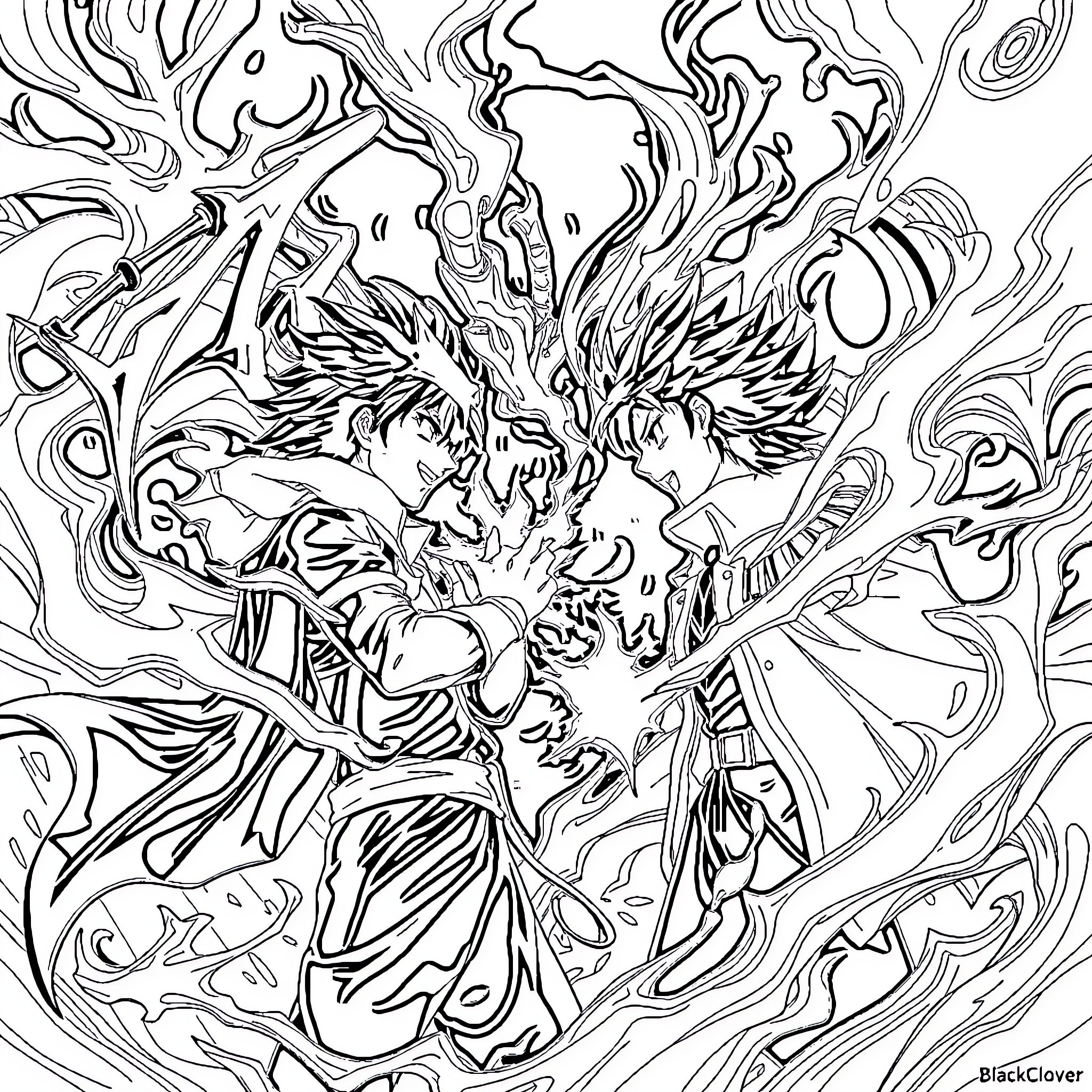 Asta's Powerful Clash of Swords Coloring Page (free black-and-white line drawing printable PDF for all, from beginners to advanced learners, including children, teens, adults, and seniors)