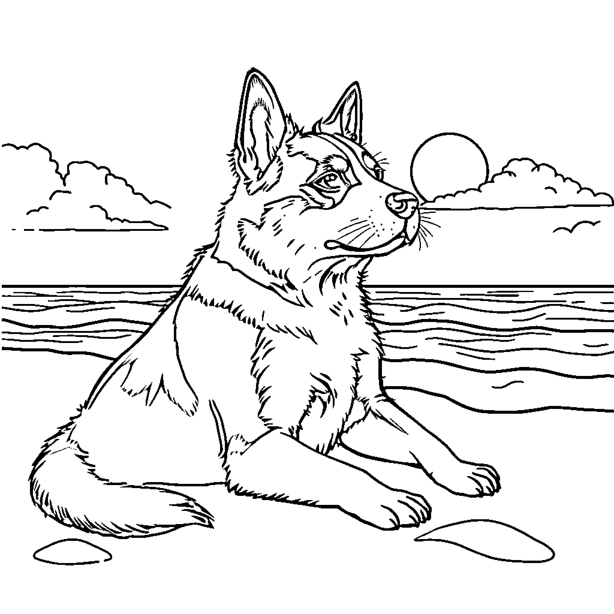 Dog sitting on the beach with a view Coloring Page (free black-and-white line drawing printable PDF for all, from beginners to advanced learners, including children, teens, adults, and seniors)