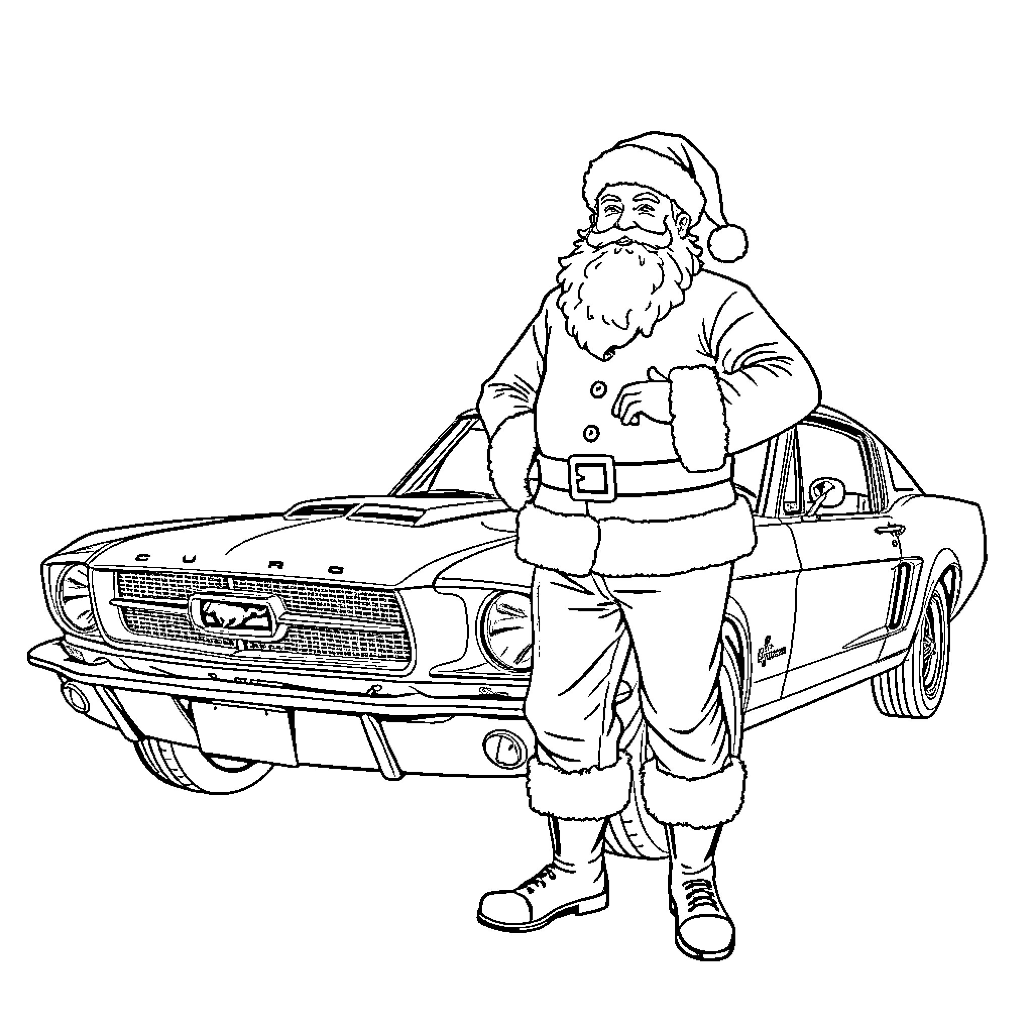 Santa and His Vintage Car Adventure Coloring Page (free black-and-white line drawing printable PDF for all, from beginners to advanced learners, including children, teens, adults, and seniors)
