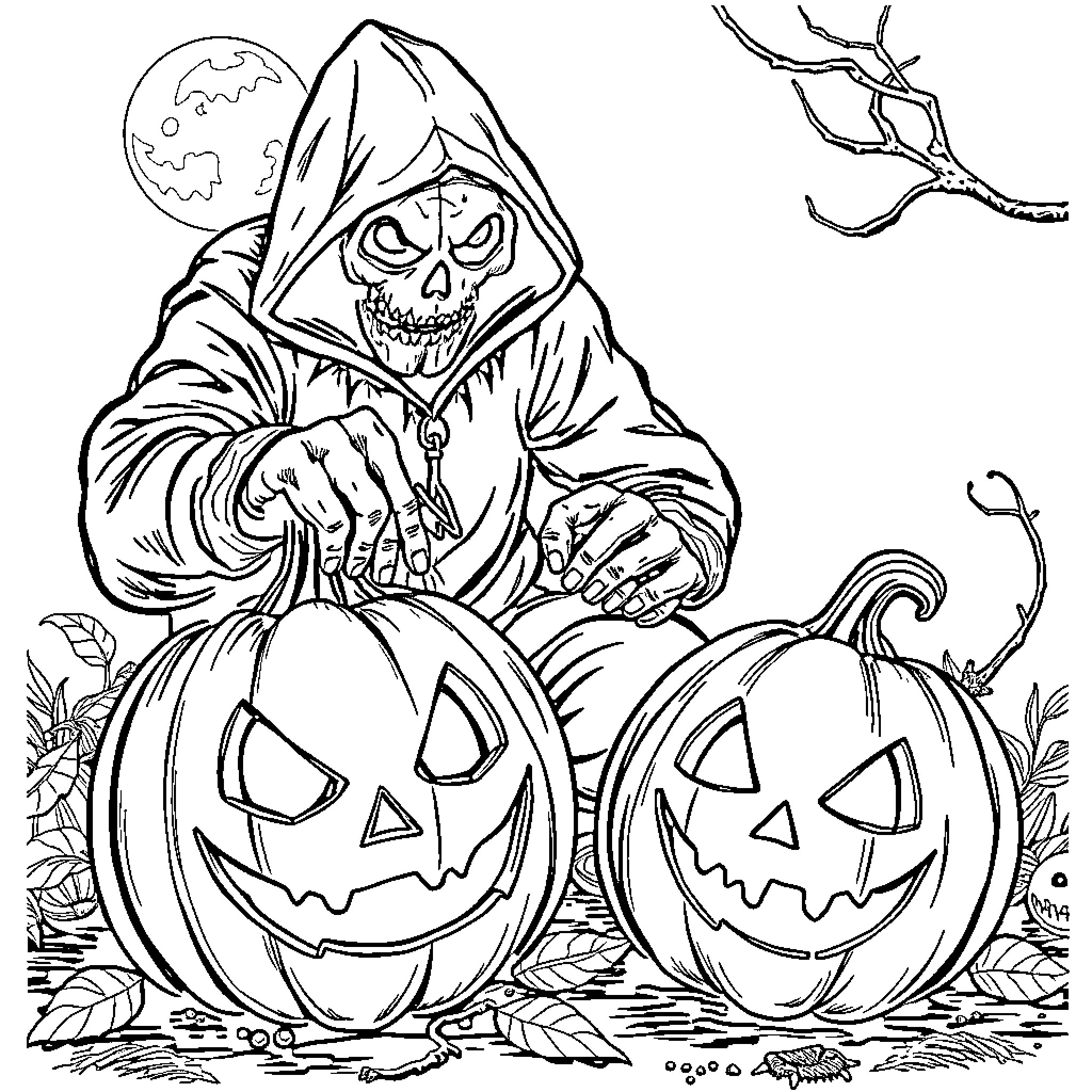 Huntirx's Eerie Halloween Scene Coloring Page (free black-and-white line drawing printable PDF for all, from beginners to advanced learners, including children, teens, adults, and seniors)