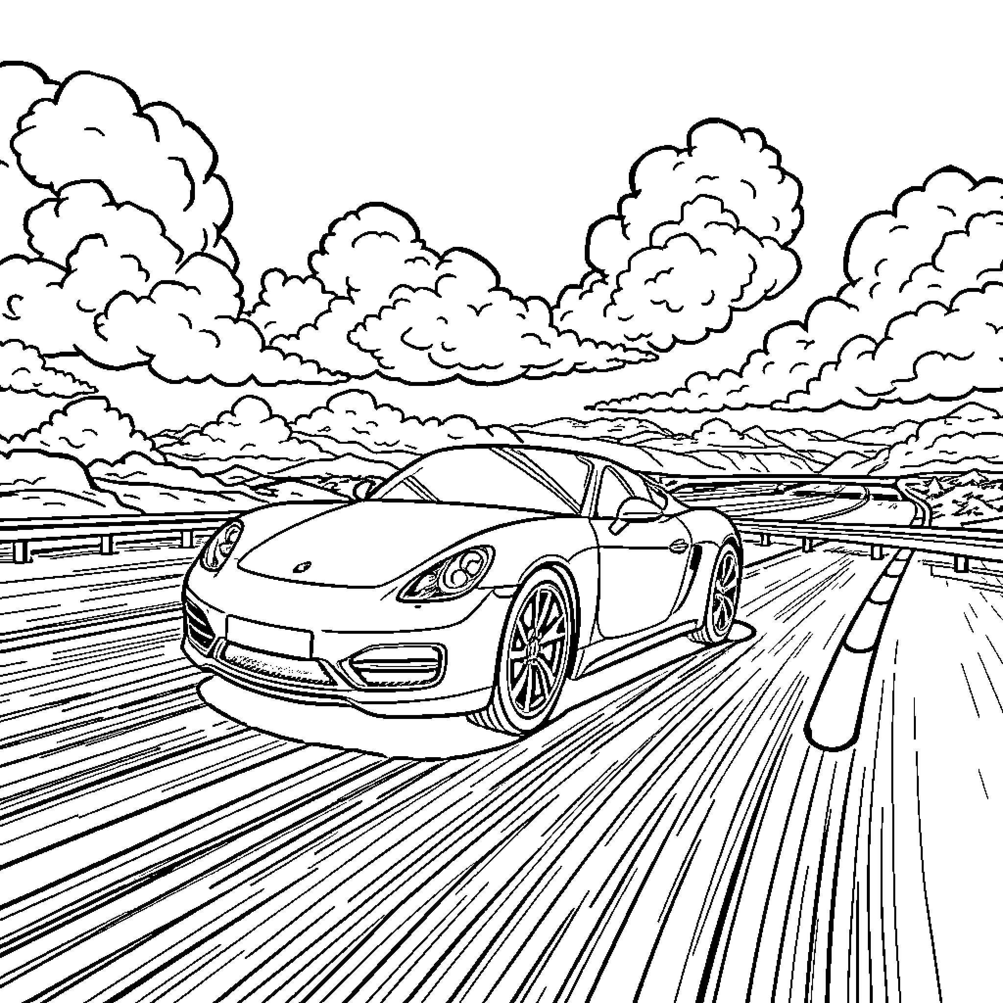 Car racing on the open road with cloudy sky Coloring Page (free black-and-white line drawing printable PDF for all, from beginners to advanced learners, including children, teens, adults, and seniors)