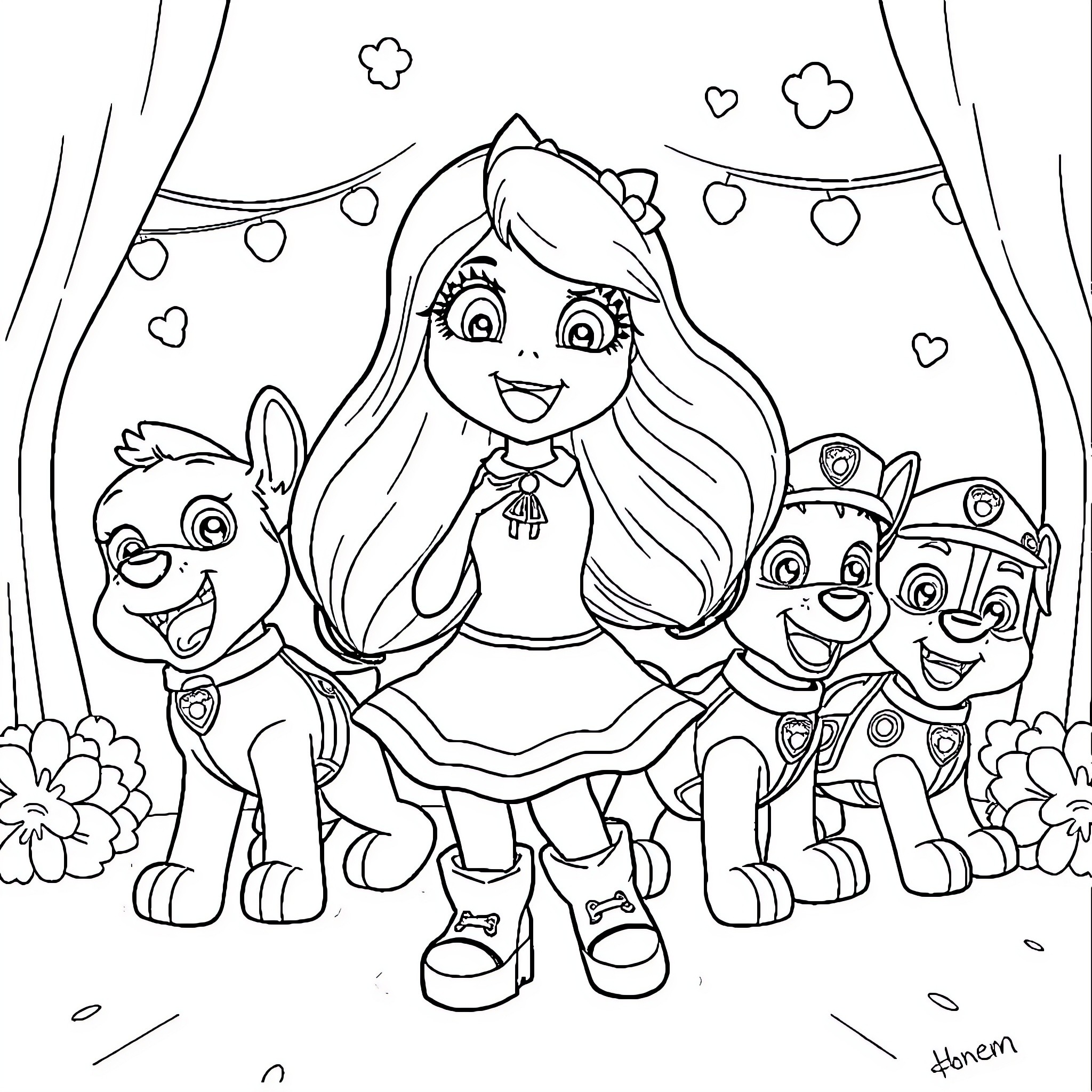 Girl and her puppy friends in a festive scene Coloring Page (free black-and-white line drawing printable PDF for all, from beginners to advanced learners, including children, teens, adults, and seniors)