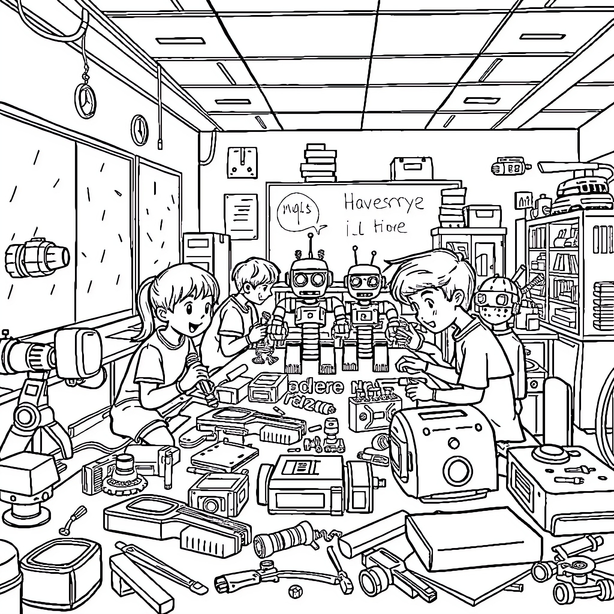 Students Working on Robots and Technology Projects Coloring Page (free black-and-white line drawing printable PDF for all, from beginners to advanced learners, including children, teens, adults, and seniors)