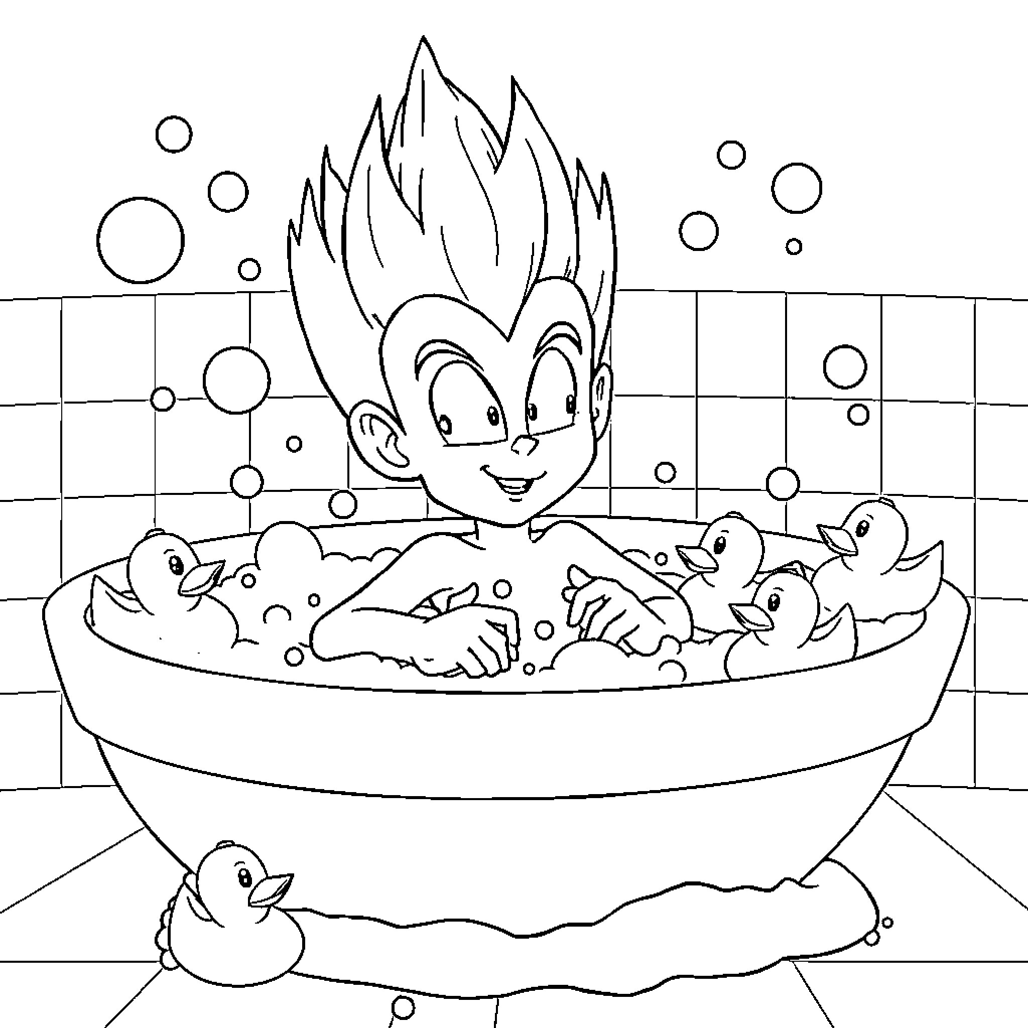 Vegeta Enjoys a Playful Bath with Ducklings Coloring Page (free black-and-white line drawing printable PDF for all, from beginners to advanced learners, including children, teens, adults, and seniors)
