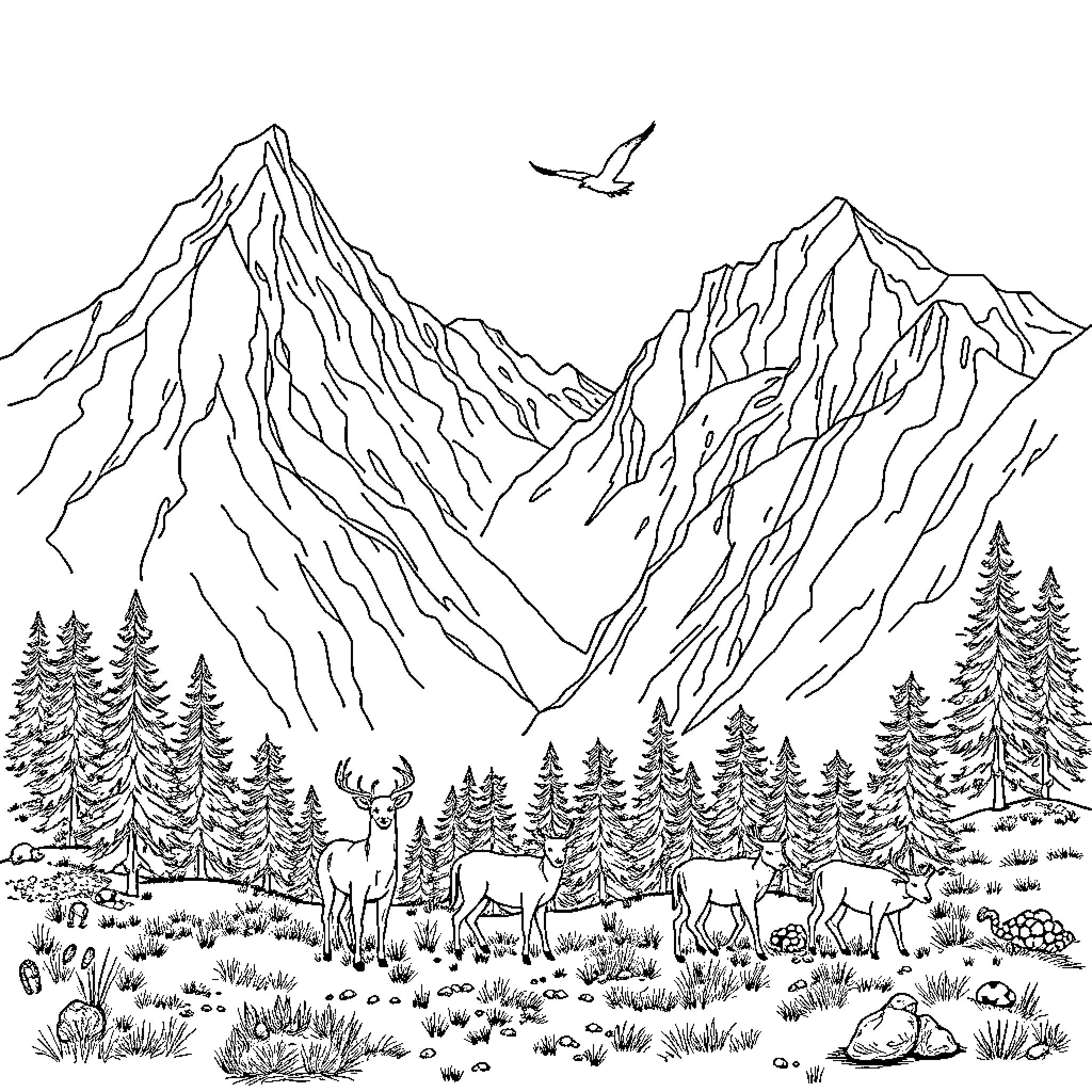 Animal Scenery of Mountain Peaks, Forest, and Wildlife Coloring Page (free black-and-white line drawing printable PDF for all, from beginners to advanced learners, including children, teens, adults, and seniors)