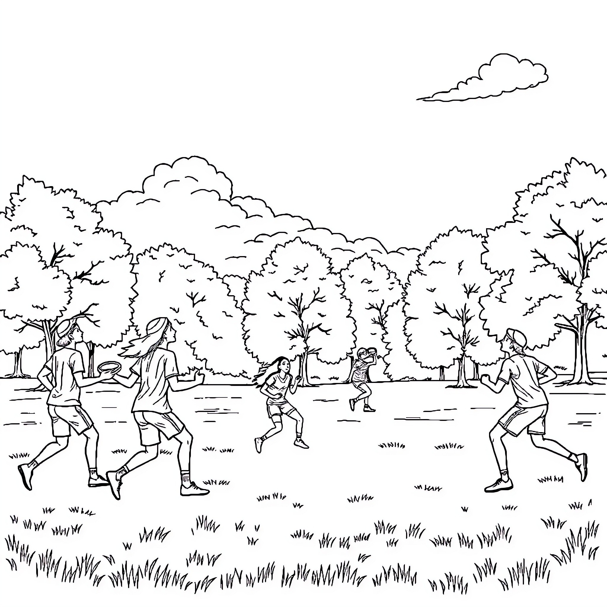 Frisbee fun in the park with friends Coloring Page (free black-and-white line drawing printable PDF for all, from beginners to advanced learners, including children, teens, adults, and seniors)