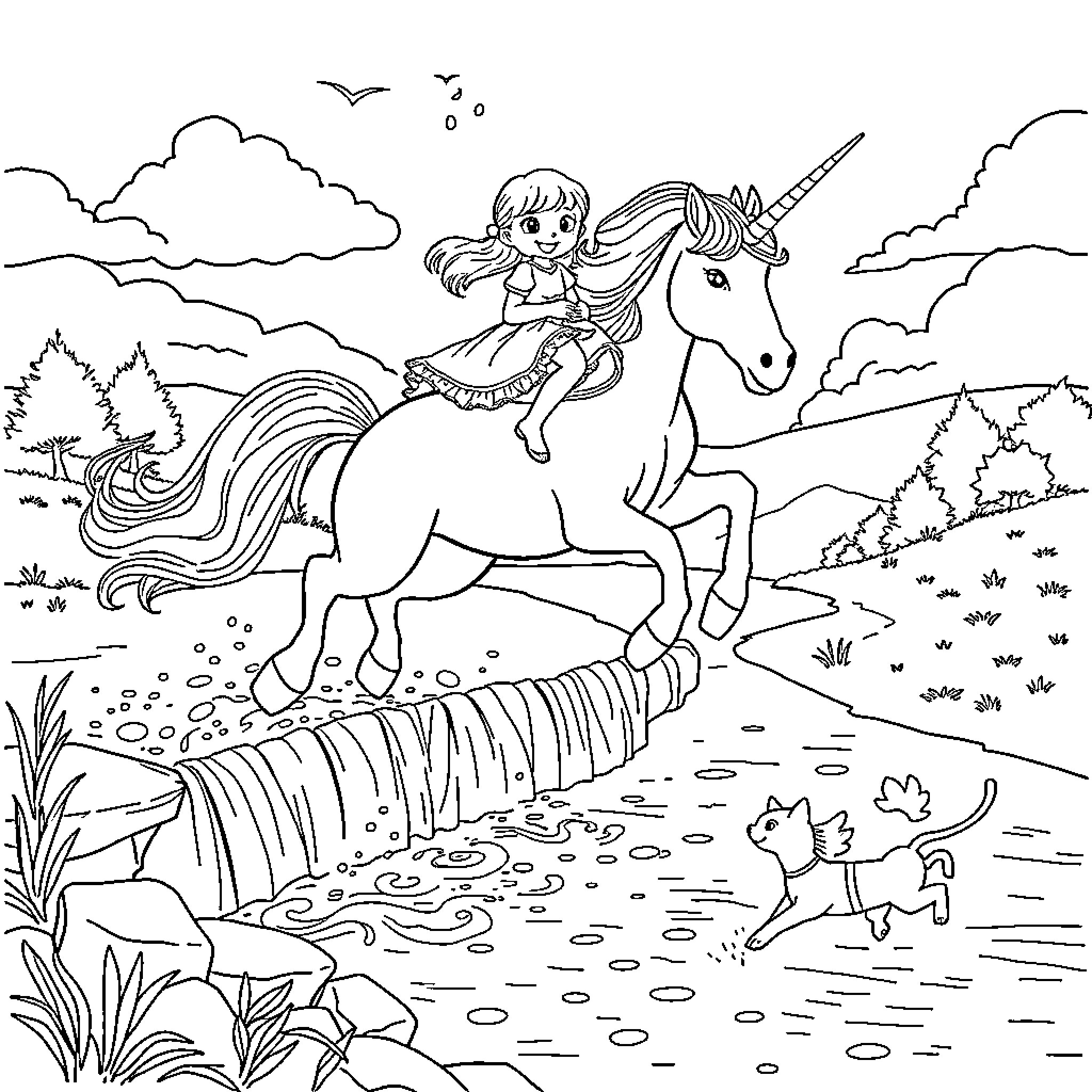 Unicorn Riding and Girl Exploring Magical Forest Coloring Page (free black-and-white line drawing printable PDF for all, from beginners to advanced learners, including children, teens, adults, and seniors)