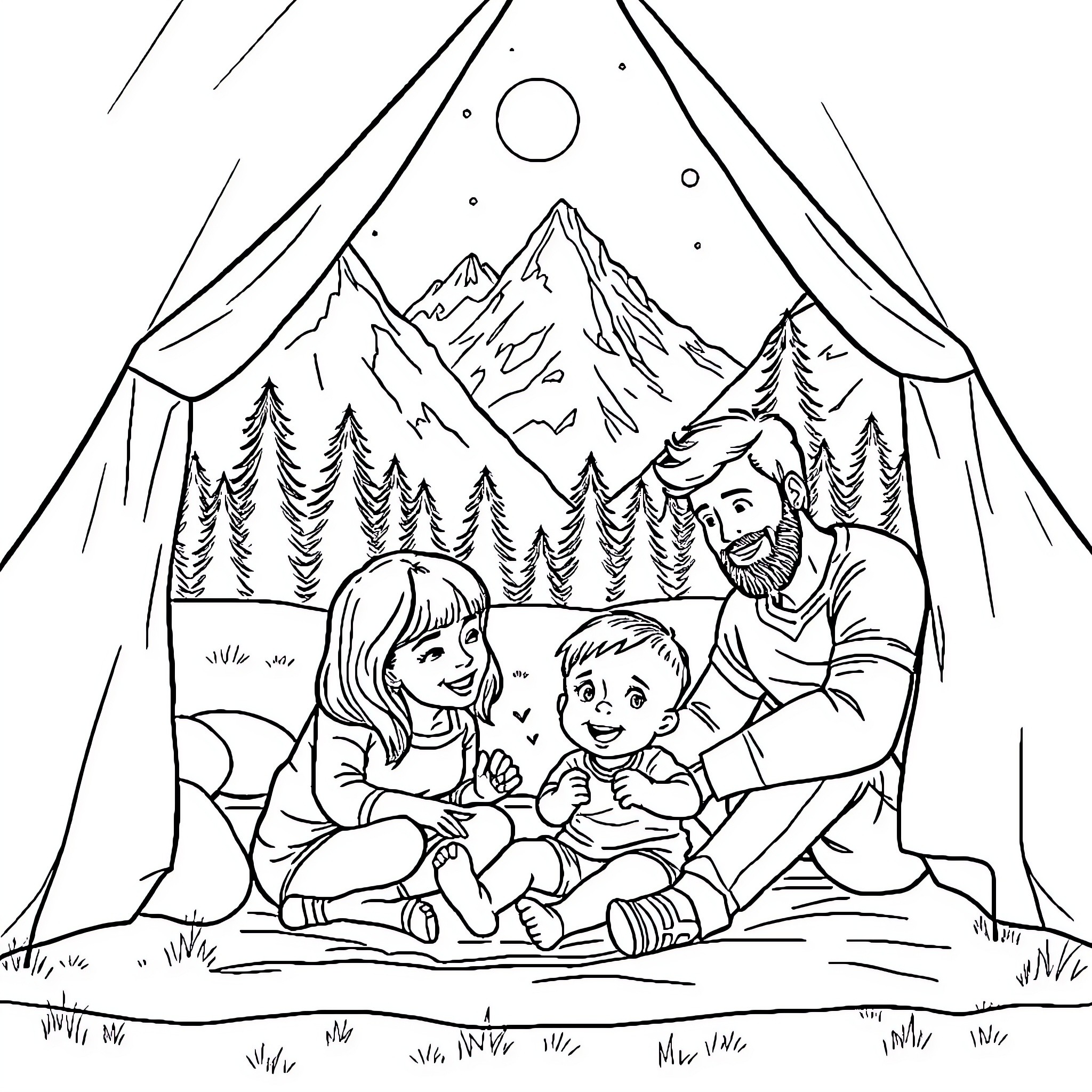 Baby Camping in the Mountains with Family Coloring Page (free black-and-white line drawing printable PDF for all, from beginners to advanced learners, including children, teens, adults, and seniors)