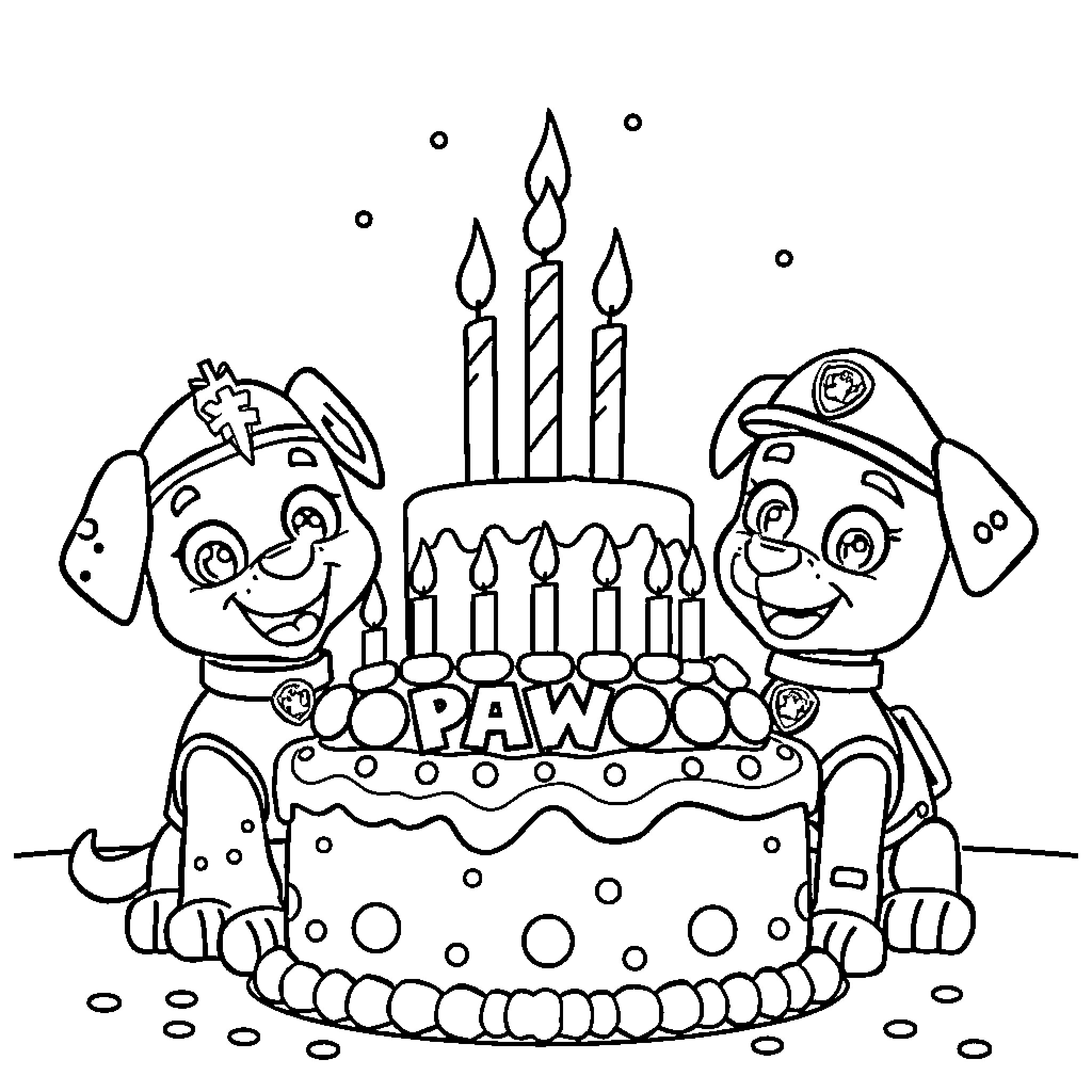 Paw Patrol characters celebrate birthday with cake Coloring Page (free black-and-white line drawing printable PDF for all, from beginners to advanced learners, including children, teens, adults, and seniors)