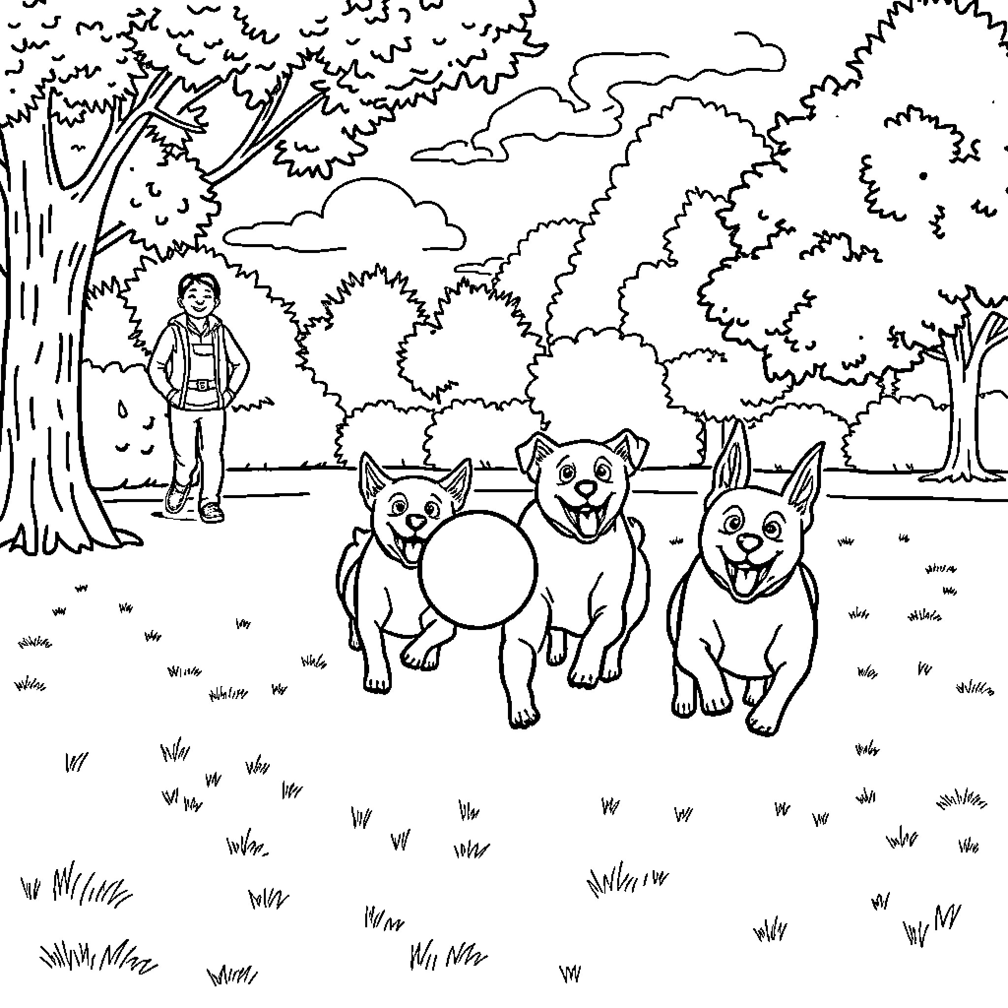 Dog friends playing joyfully in the forest Coloring Page (free black-and-white line drawing printable PDF for all, from beginners to advanced learners, including children, teens, adults, and seniors)
