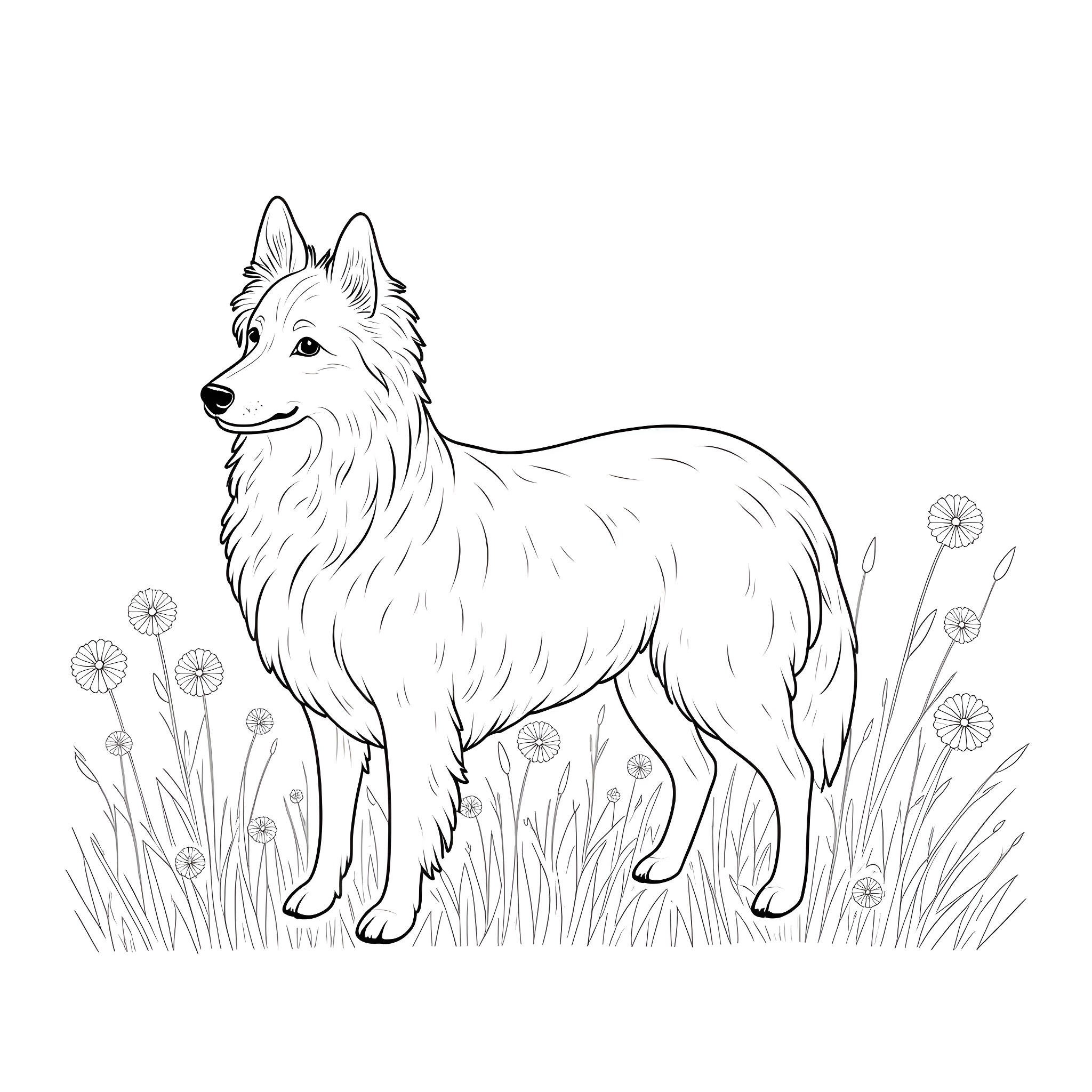 Shetland Sheepdog standing in a grassy field Coloring Page (free black-and-white line drawing printable PDF for all, from beginners to advanced learners, including children, teens, adults, and seniors)