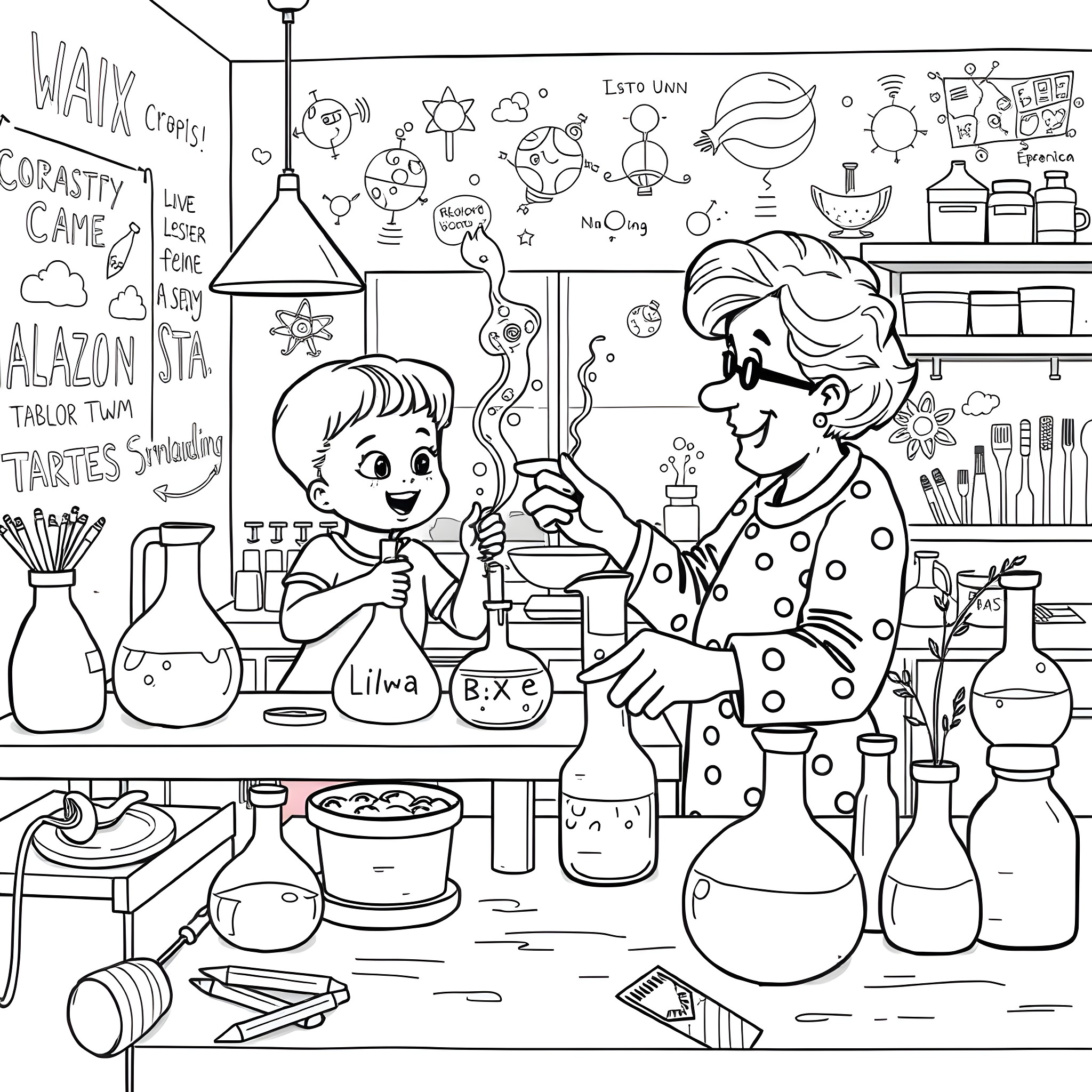 Chemistry Classroom with Excited Students Exploring Science Coloring Page (free black-and-white line drawing printable PDF for all, from beginners to advanced learners, including children, teens, adults, and seniors)