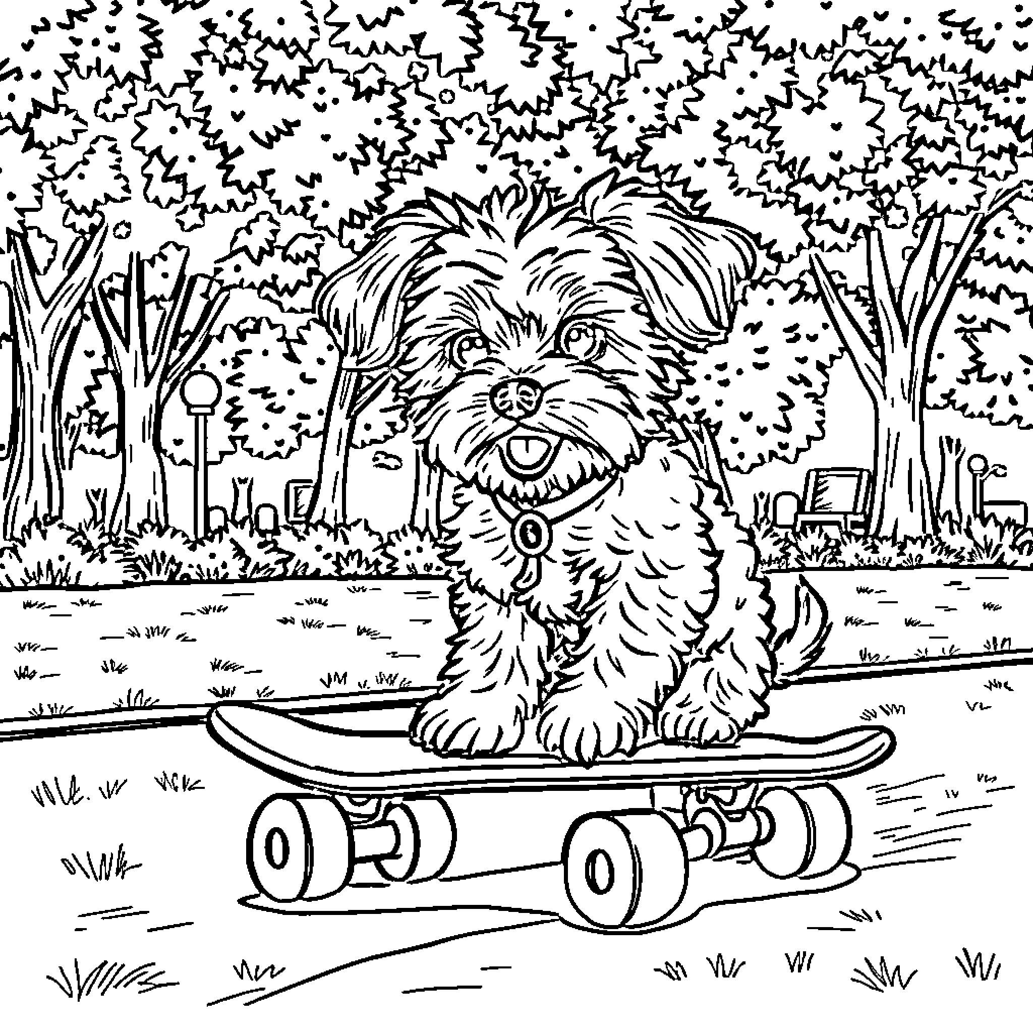 Cavapoo riding a skateboard in the park Coloring Page (free black-and-white line drawing printable PDF for all, from beginners to advanced learners, including children, teens, adults, and seniors)