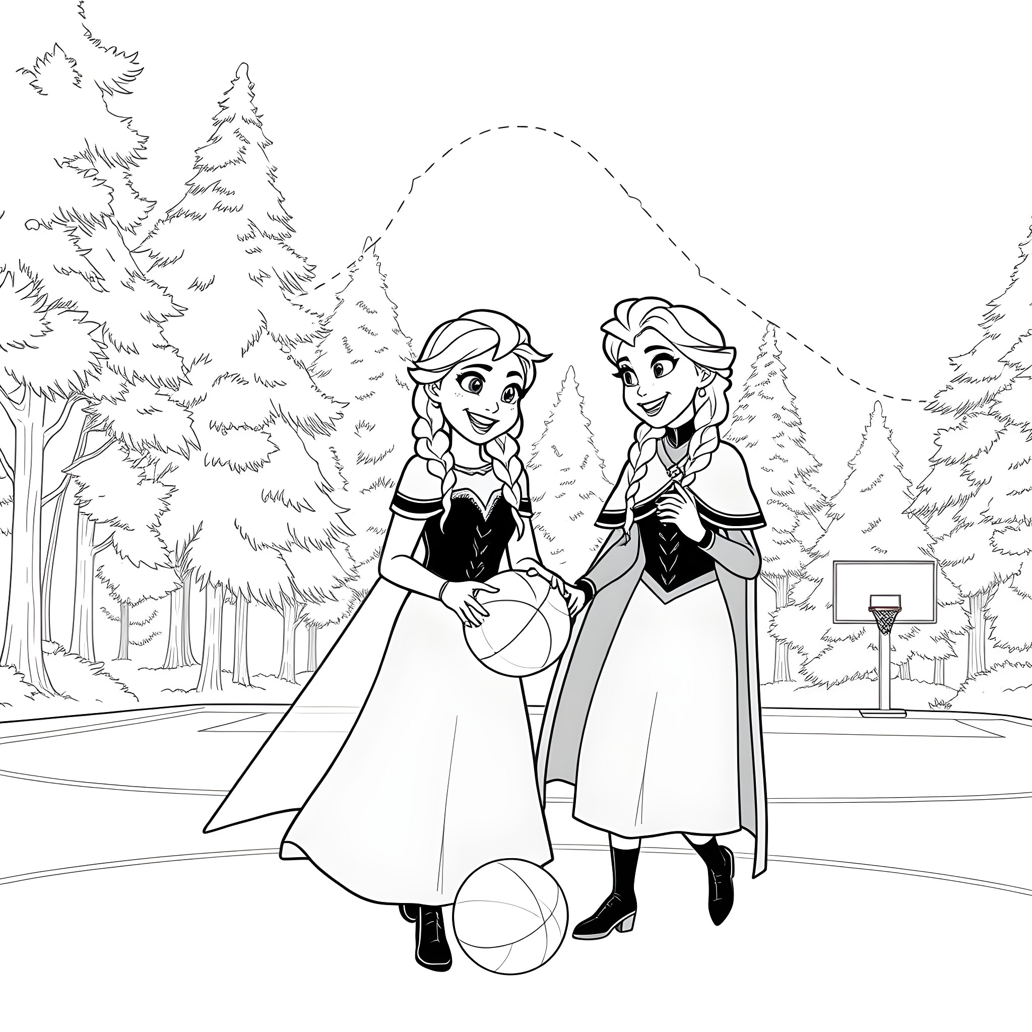 Elsa and Anna in a Winter Wonderland Coloring Page (free black-and-white line drawing printable PDF for all, from beginners to advanced learners, including children, teens, adults, and seniors)