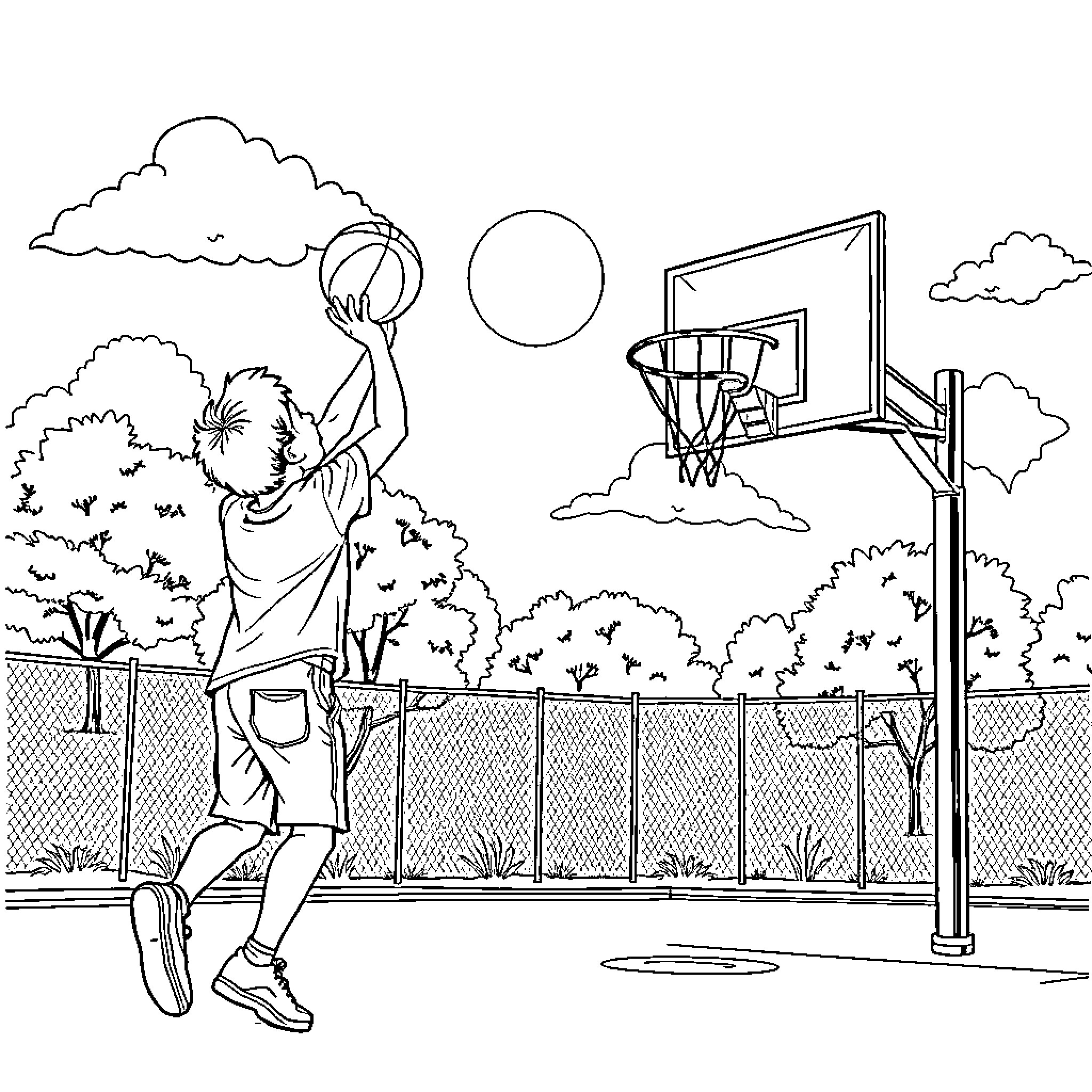 Boy playing basketball on outdoor court Coloring Page (free black-and-white line drawing printable PDF for all, from beginners to advanced learners, including children, teens, adults, and seniors)
