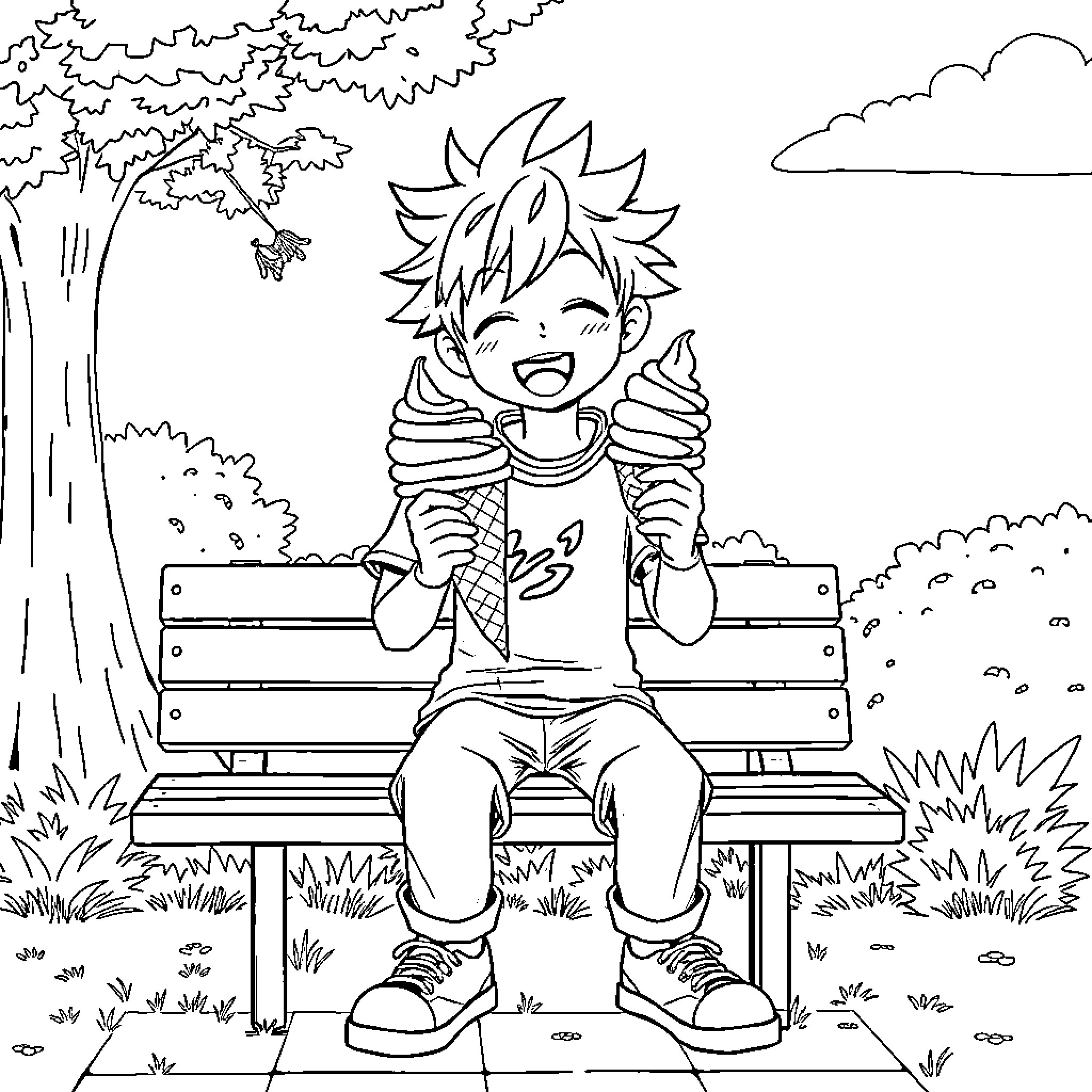 Bakugo enjoying an ice cream on a park bench Coloring Page (free black-and-white line drawing printable PDF for all, from beginners to advanced learners, including children, teens, adults, and seniors)