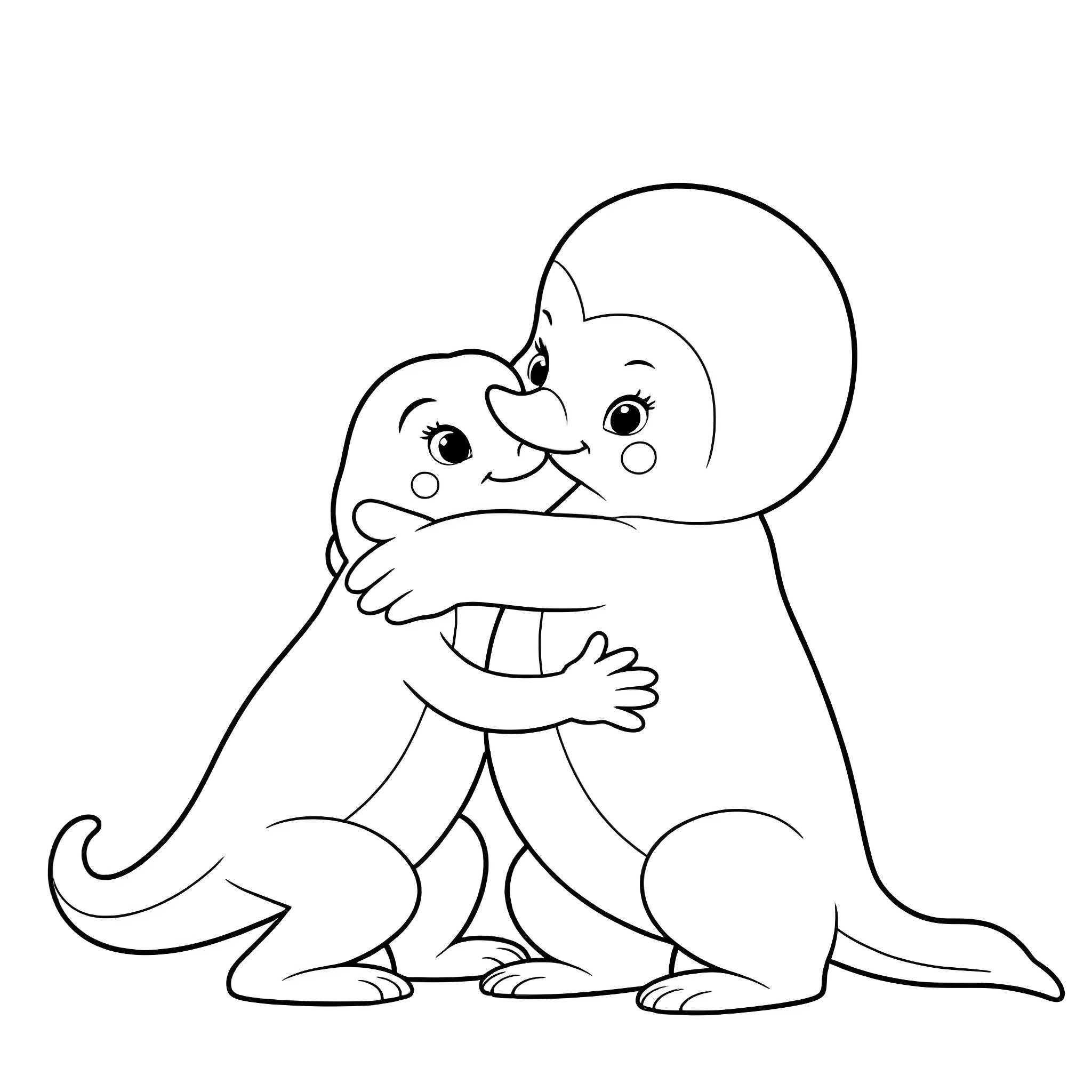 Penguins Embracing Affectionately Coloring Page (free black-and-white line drawing printable PDF for all, from beginners to advanced learners, including children, teens, adults, and seniors)