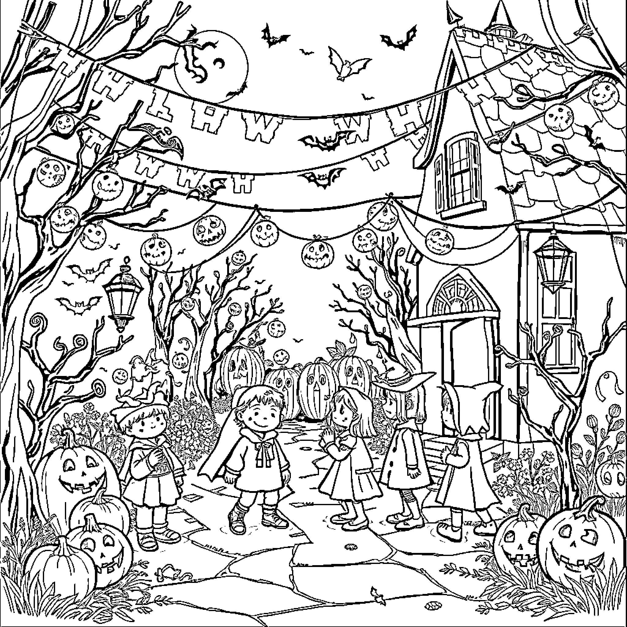 Halloween Celebration in the Haunted Village Coloring Page (free black-and-white line drawing printable PDF for all, from beginners to advanced learners, including children, teens, adults, and seniors)