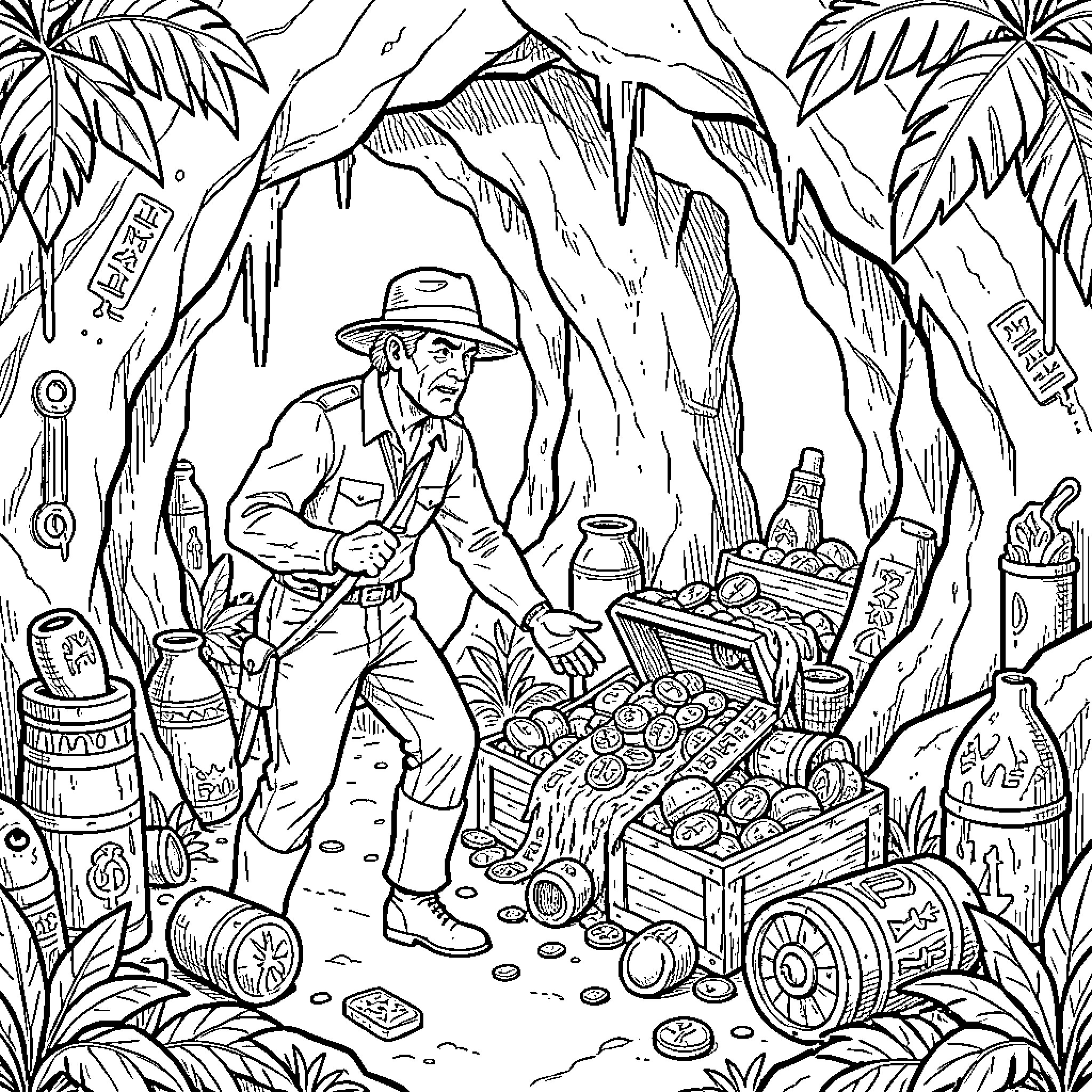Indiana Jones discovering hidden treasures in a cave Coloring Page (free black-and-white line drawing printable PDF for all, from beginners to advanced learners, including children, teens, adults, and seniors)