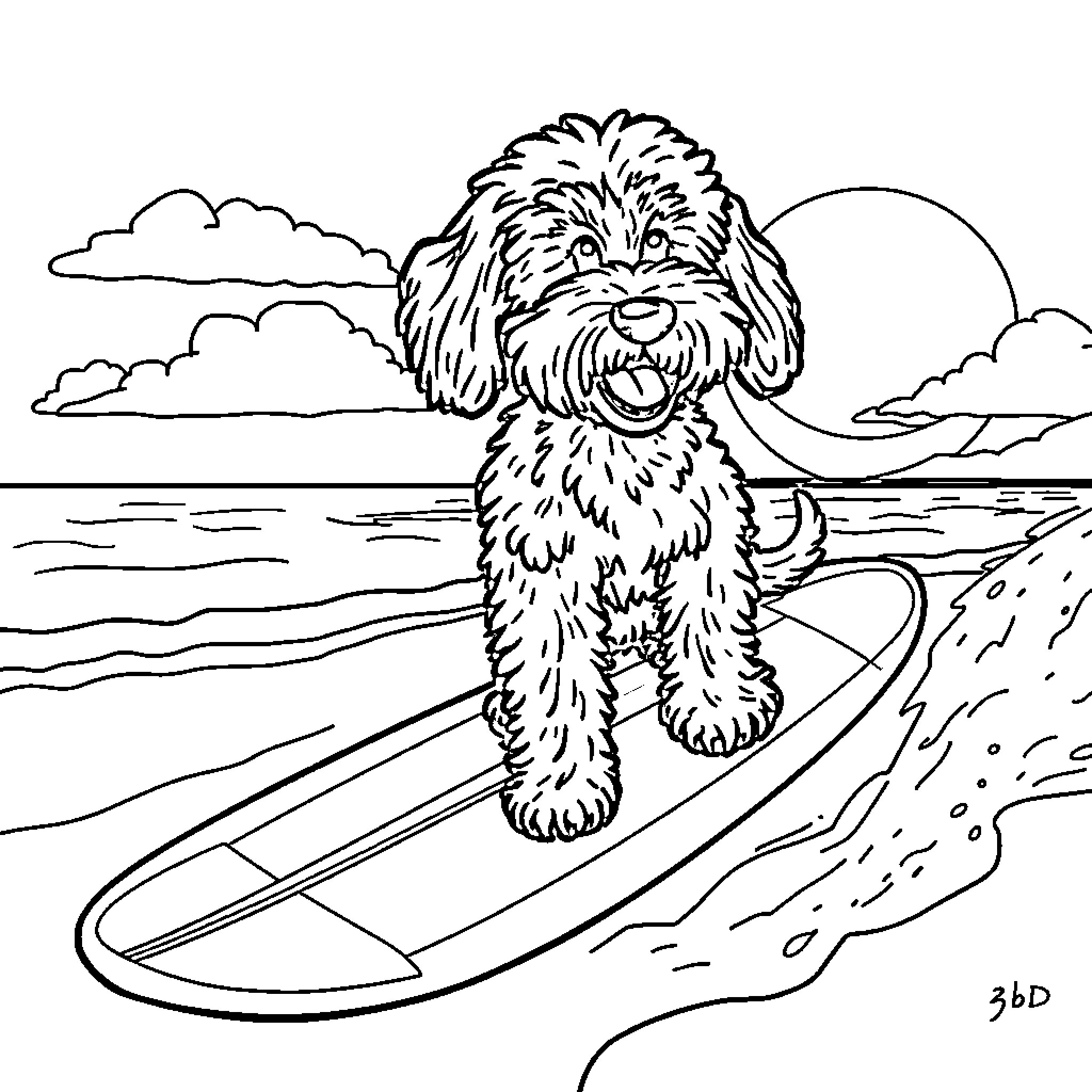 Labradoodle surfing on the waves Coloring Page (free black-and-white line drawing printable PDF for all, from beginners to advanced learners, including children, teens, adults, and seniors)