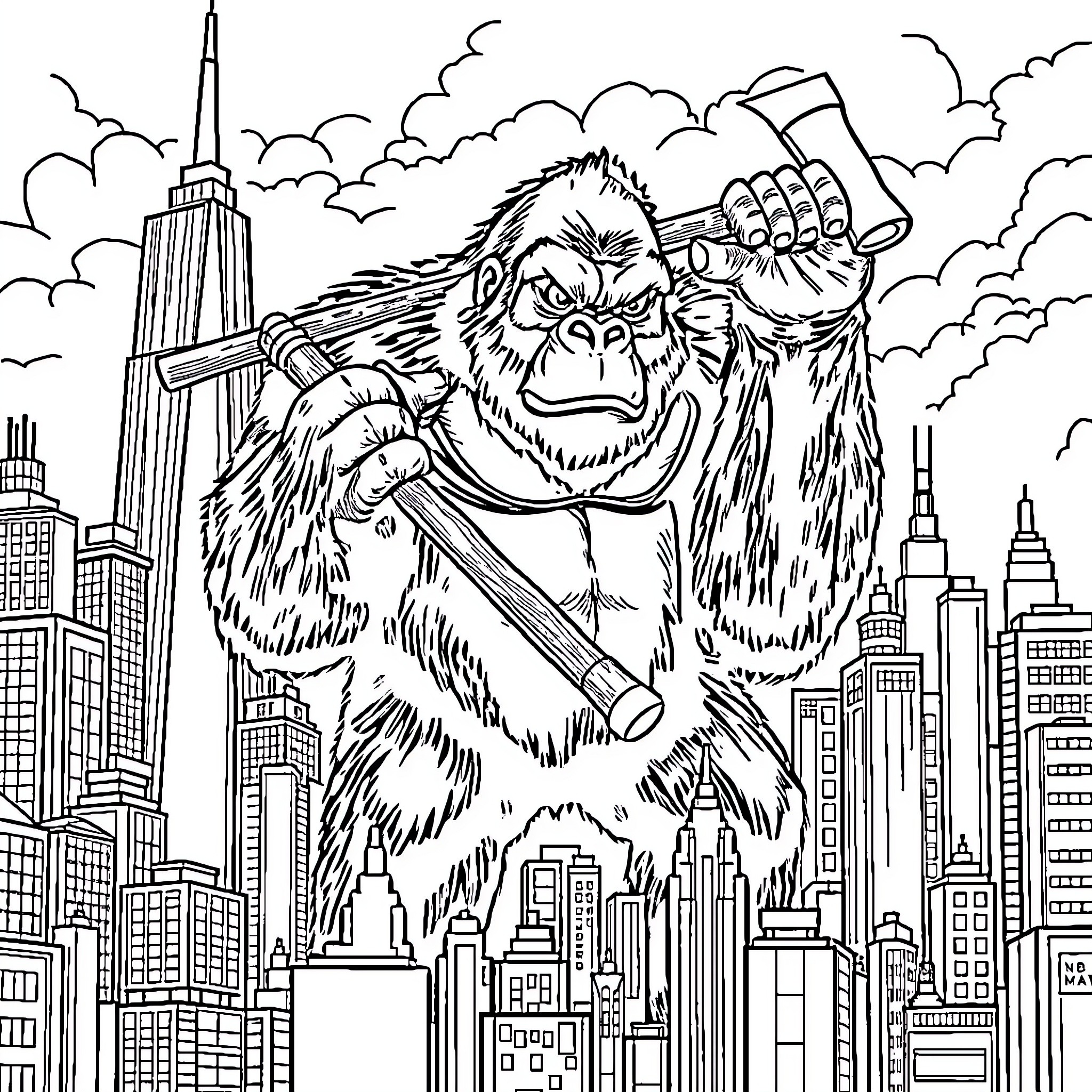 King Kong climbing over the city skyline Coloring Page (free black-and-white line drawing printable PDF for all, from beginners to advanced learners, including children, teens, adults, and seniors)
