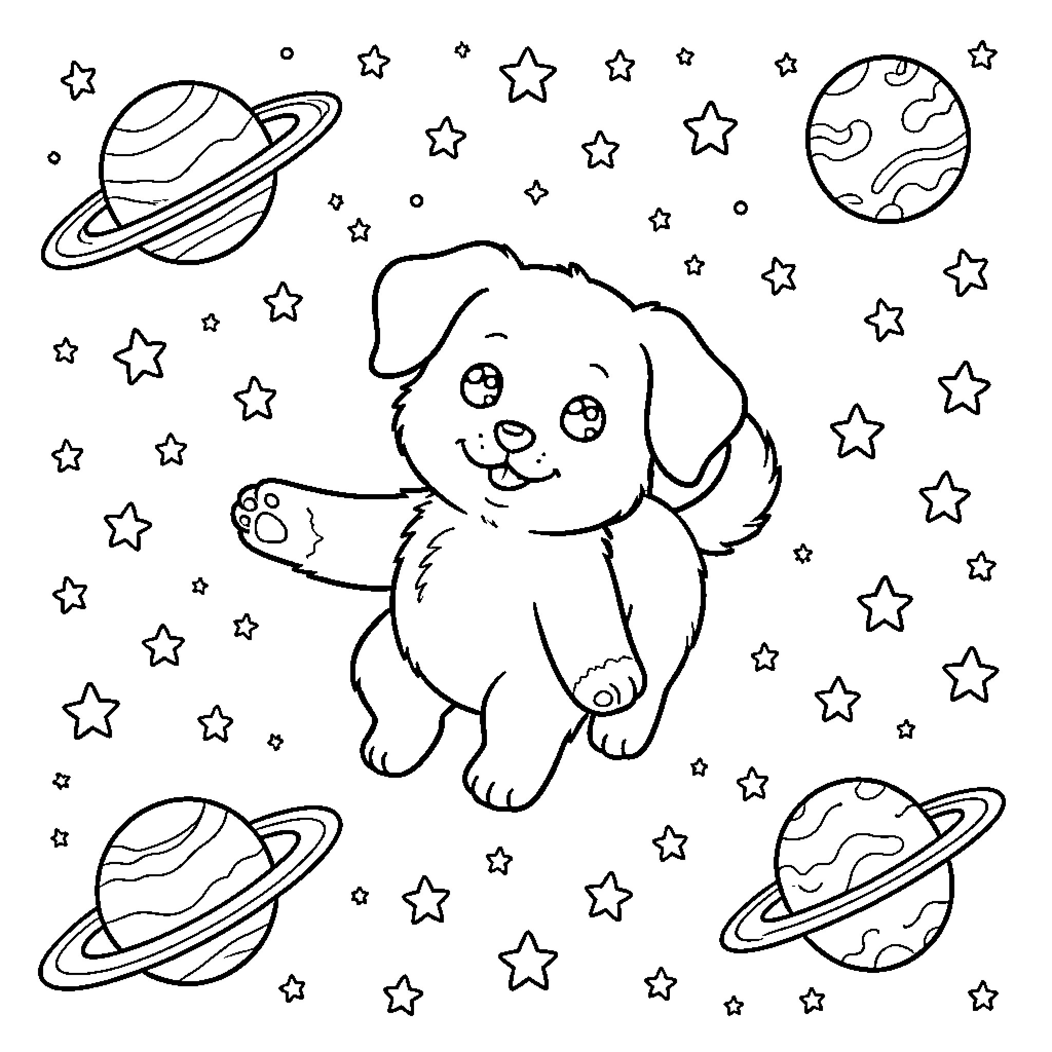 Puppy exploring the starry night sky Coloring Page (free black-and-white line drawing printable PDF for all, from beginners to advanced learners, including children, teens, adults, and seniors)