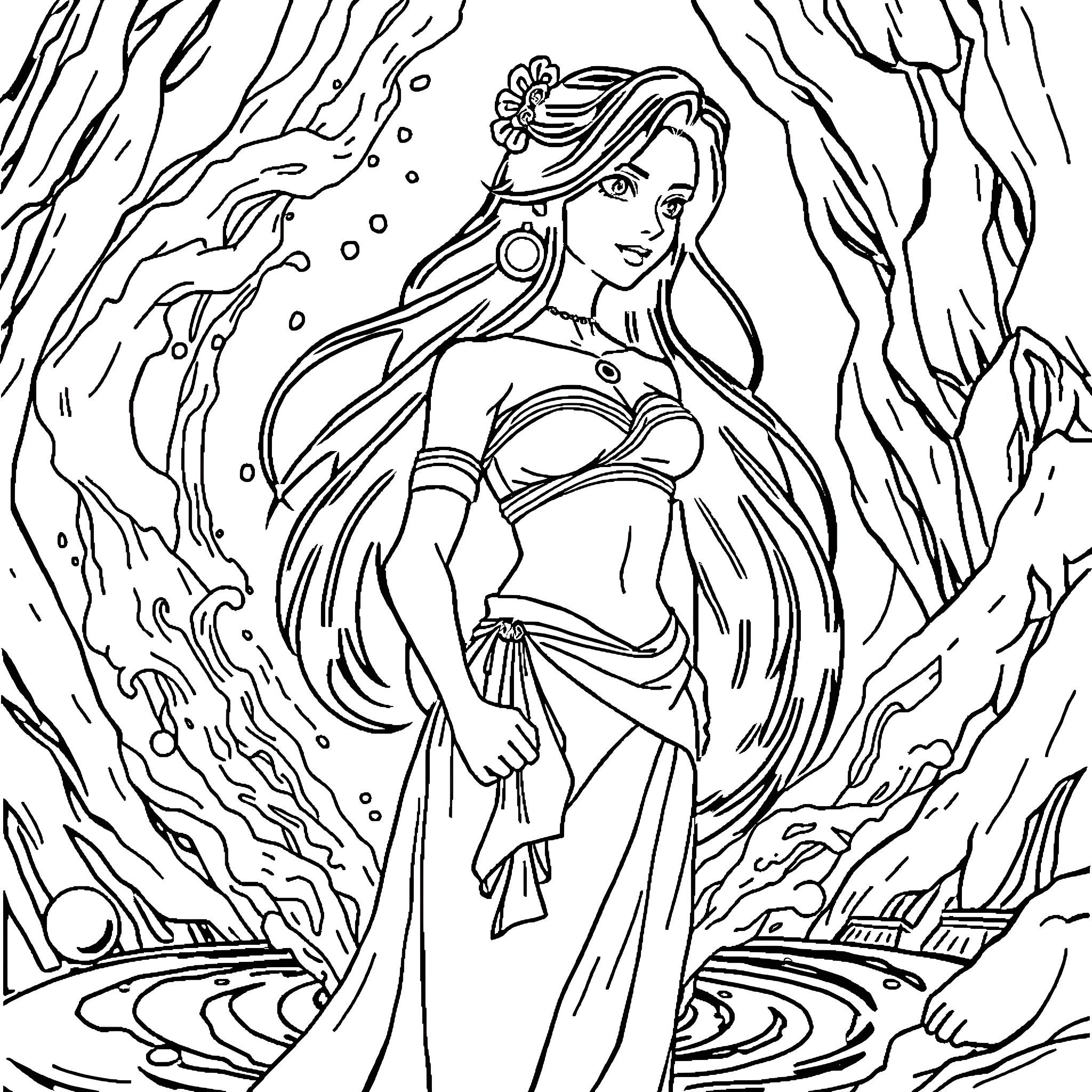 Katara: Waterbending Warrior in Mystical Underwater Realm Coloring Page (free black-and-white line drawing printable PDF for all, from beginners to advanced learners, including children, teens, adults, and seniors)
