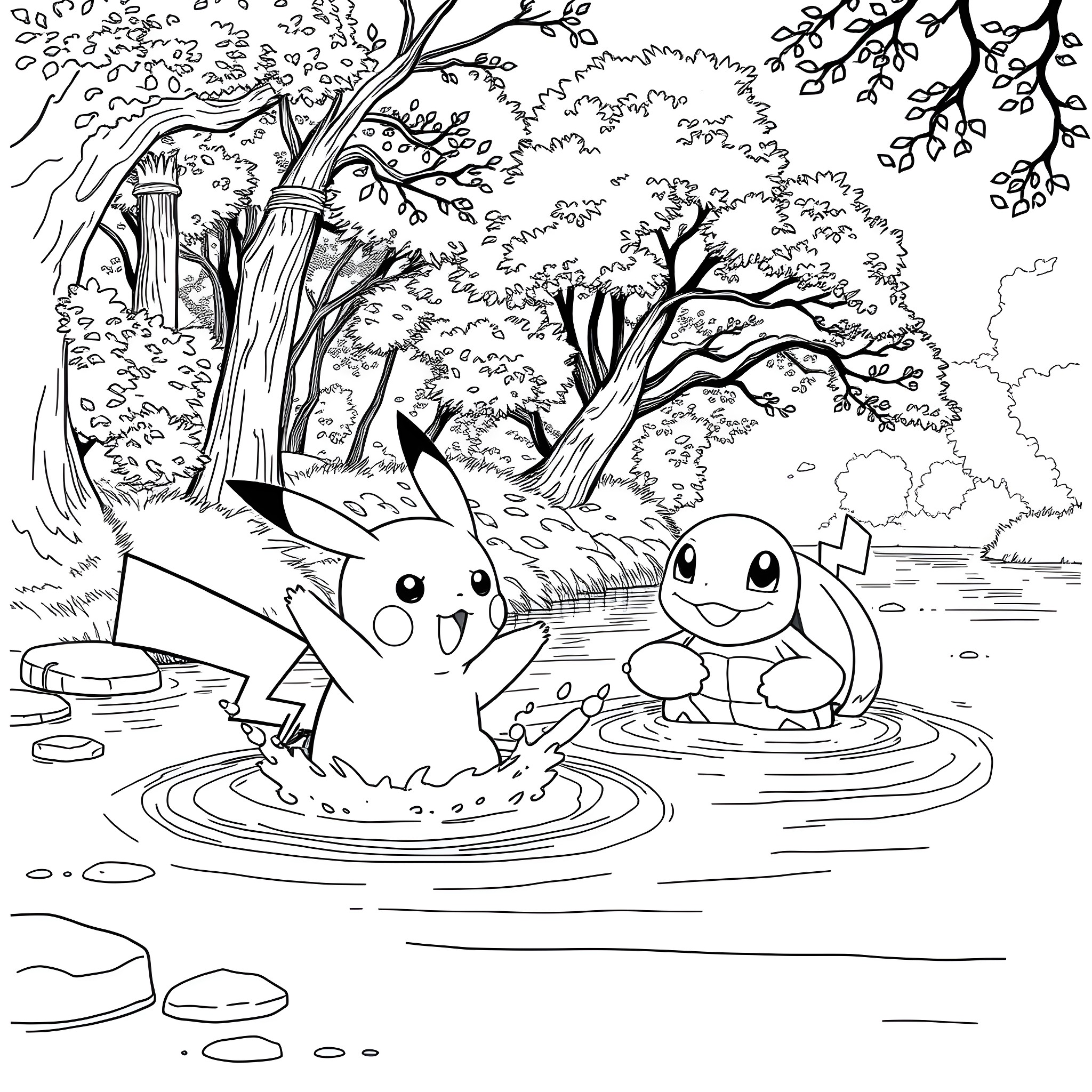 Pikachu playing joyfully in a tranquil forest scene Coloring Page (free black-and-white line drawing printable PDF for all, from beginners to advanced learners, including children, teens, adults, and seniors)