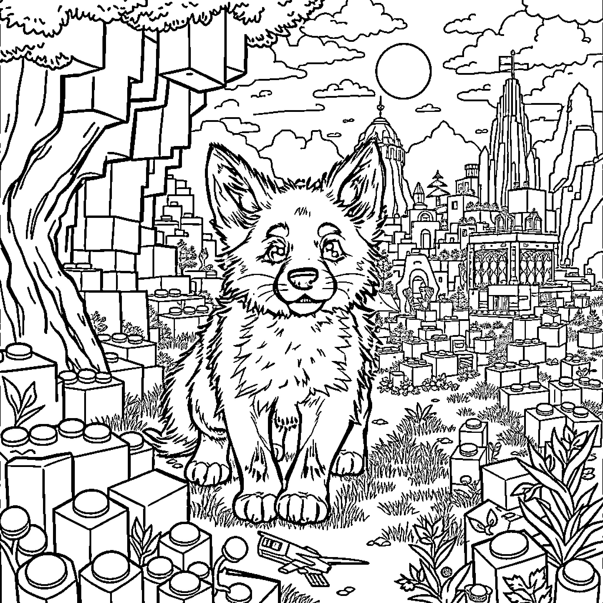 Fox in the Mystical City Landscape Coloring Page (free black-and-white line drawing printable PDF for all, from beginners to advanced learners, including children, teens, adults, and seniors)