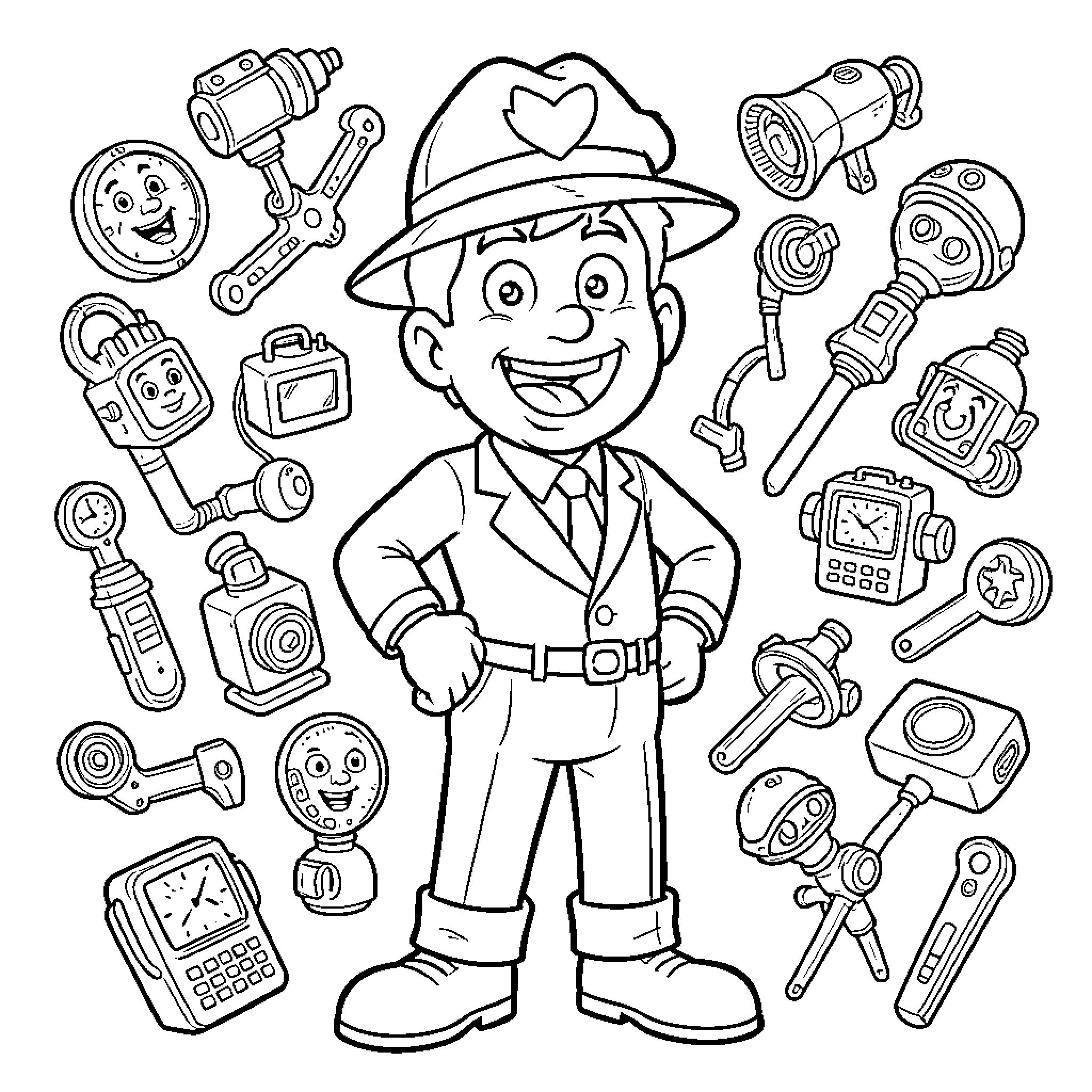 Inspector Gadget smiling with many mechanical gadgets Coloring Page (free black-and-white line drawing printable PDF for all, from beginners to advanced learners, including children, teens, adults, and seniors)