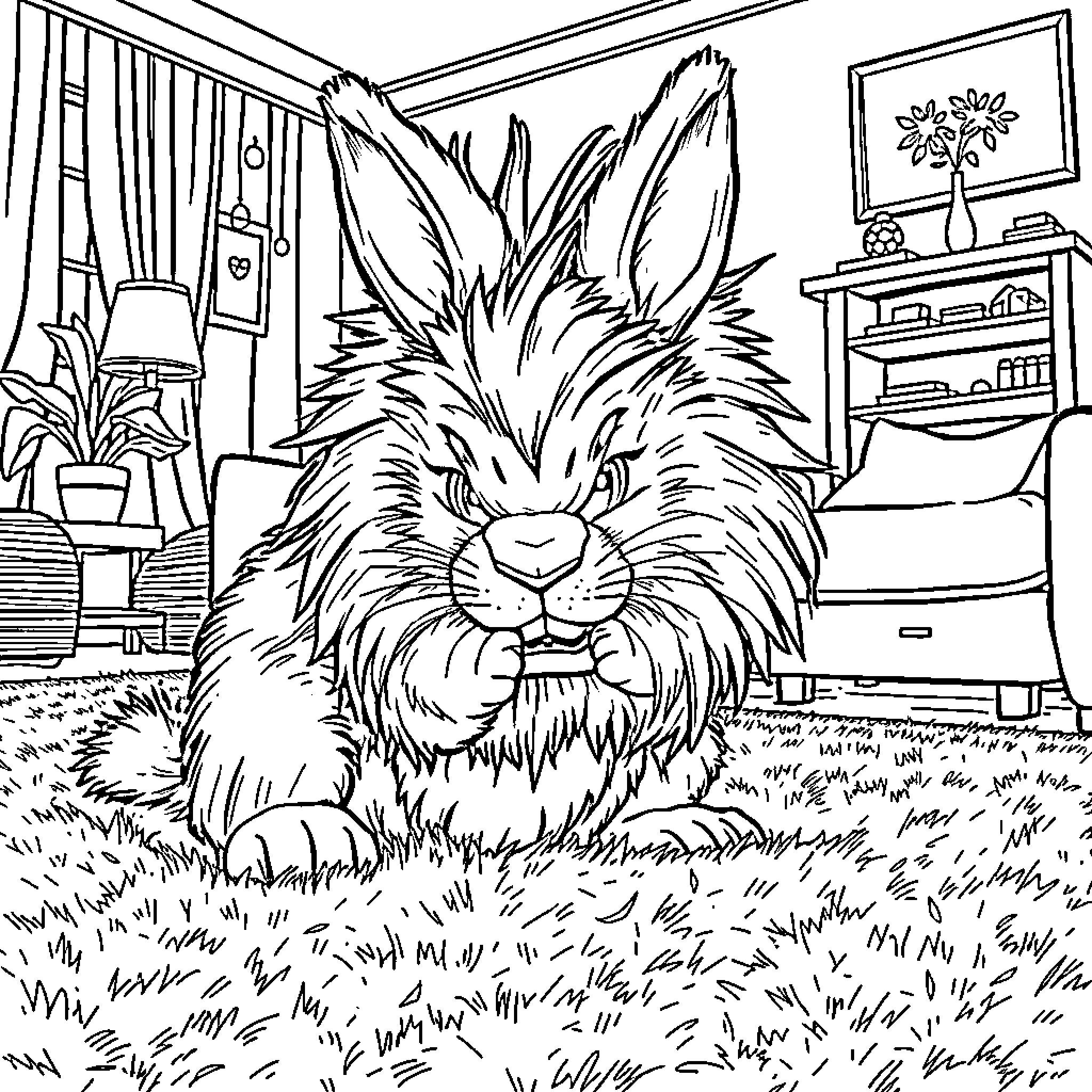 Rabbit enjoying a cozy indoor setting Coloring Page (free black-and-white line drawing printable PDF for all, from beginners to advanced learners, including children, teens, adults, and seniors)