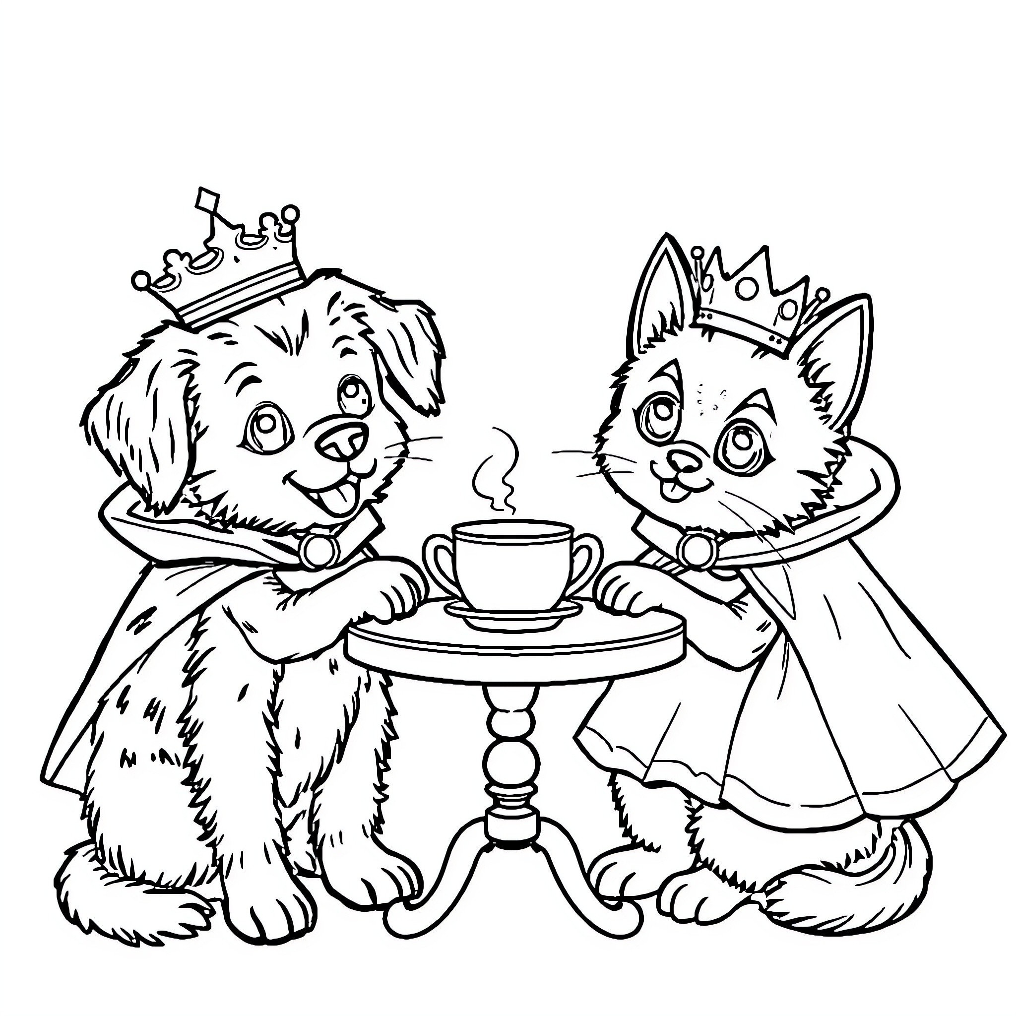 Dog and Cat Royals Enjoying Tea Time Coloring Page (free black-and-white line drawing printable PDF for all, from beginners to advanced learners, including children, teens, adults, and seniors)