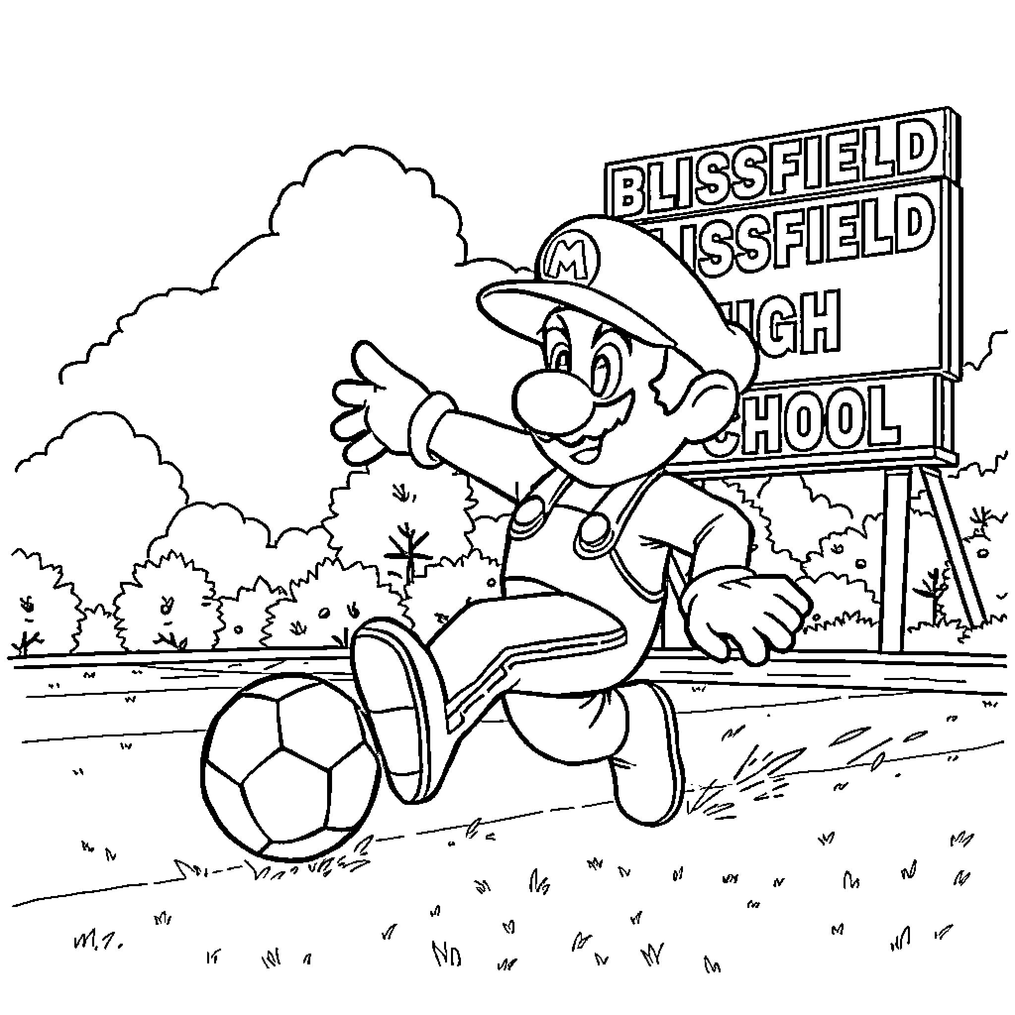 Super Mario Running with Soccer Ball on Field Coloring Page (free black-and-white line drawing printable PDF for all, from beginners to advanced learners, including children, teens, adults, and seniors)