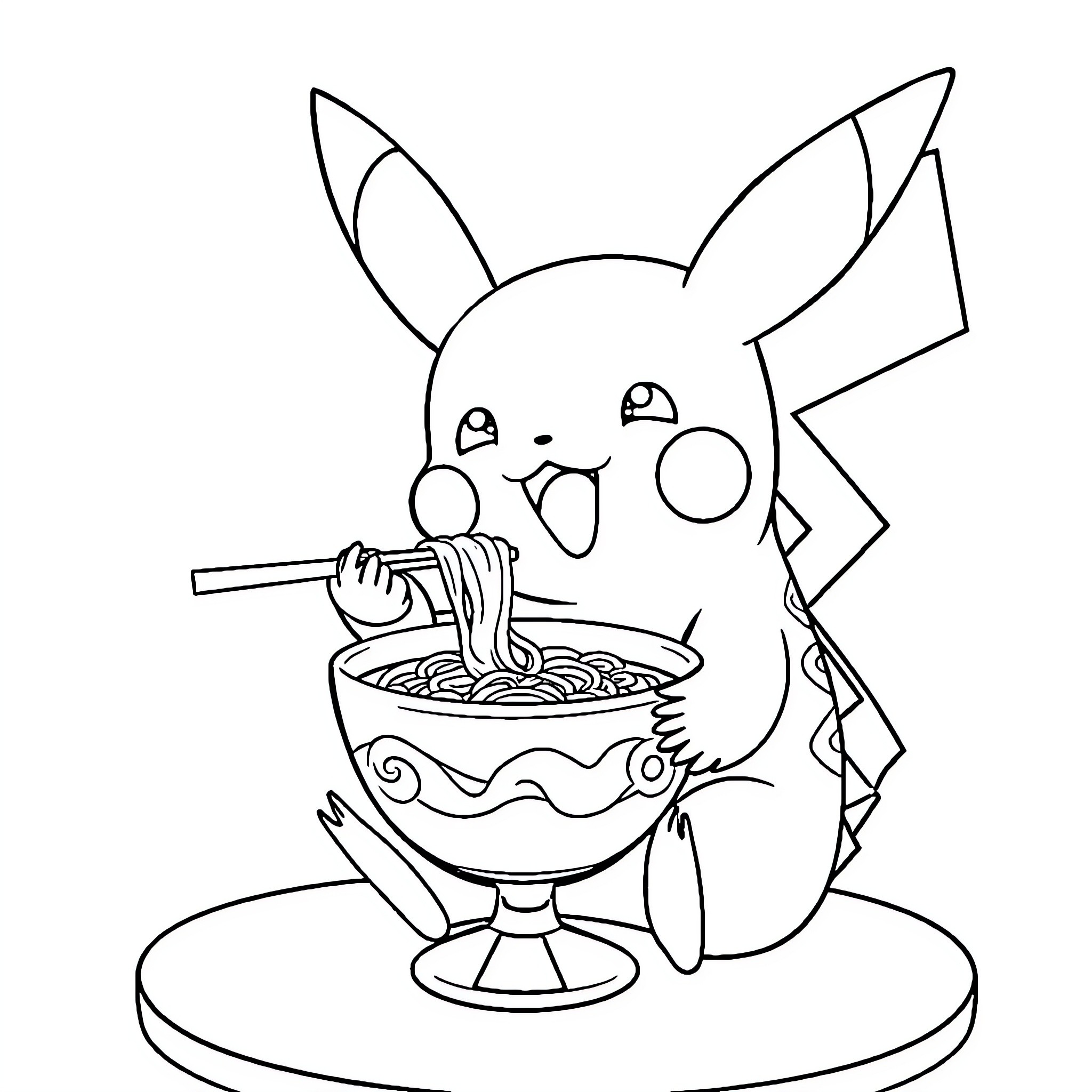 Pikachu enjoying a bowl of noodles Coloring Page (free black-and-white line drawing printable PDF for all, from beginners to advanced learners, including children, teens, adults, and seniors)