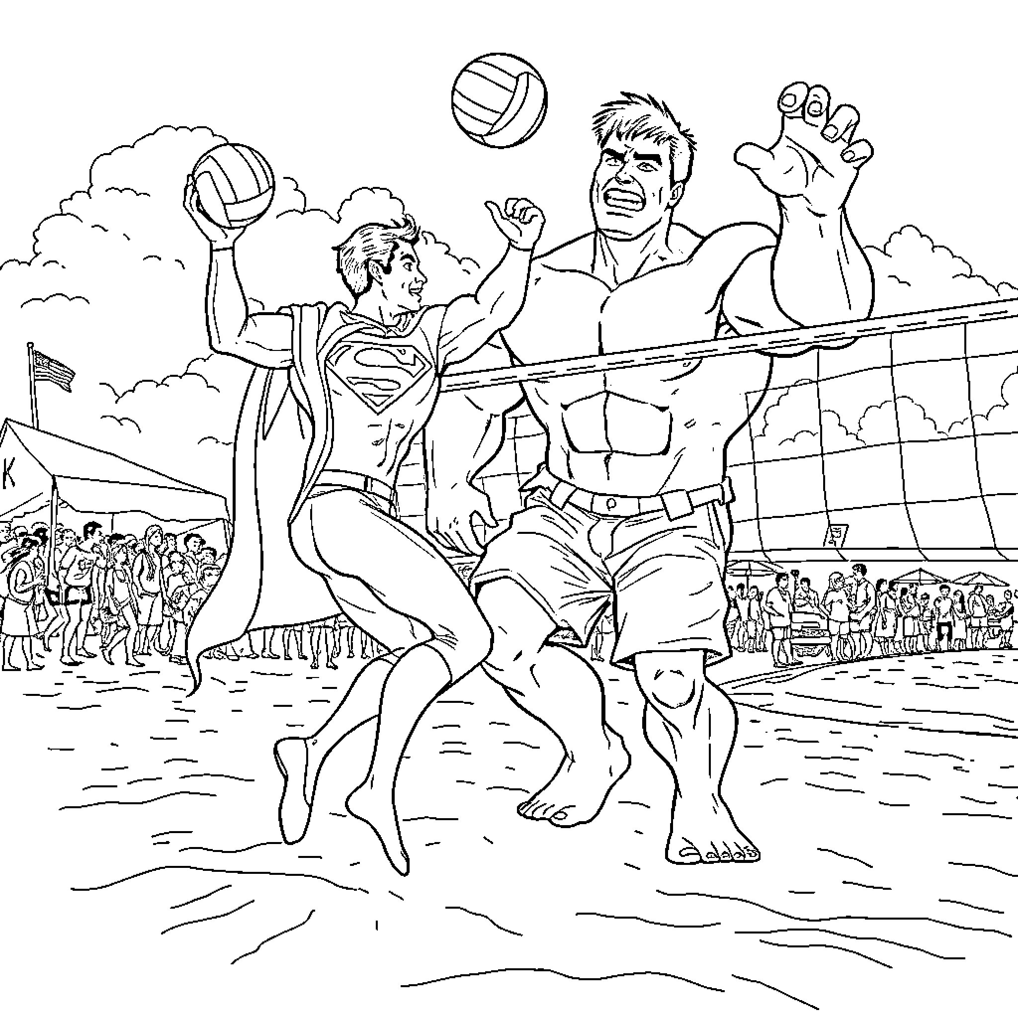 Superman playing volleyball with friends Coloring Page (free black-and-white line drawing printable PDF for all, from beginners to advanced learners, including children, teens, adults, and seniors)