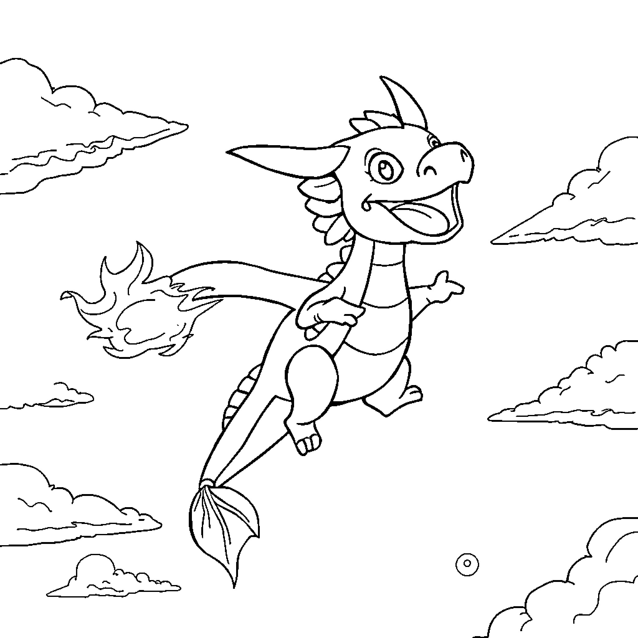 Dragon Soaring Joyfully Through Cloudy Skies Coloring Page (free black-and-white line drawing printable PDF for all, from beginners to advanced learners, including children, teens, adults, and seniors)
