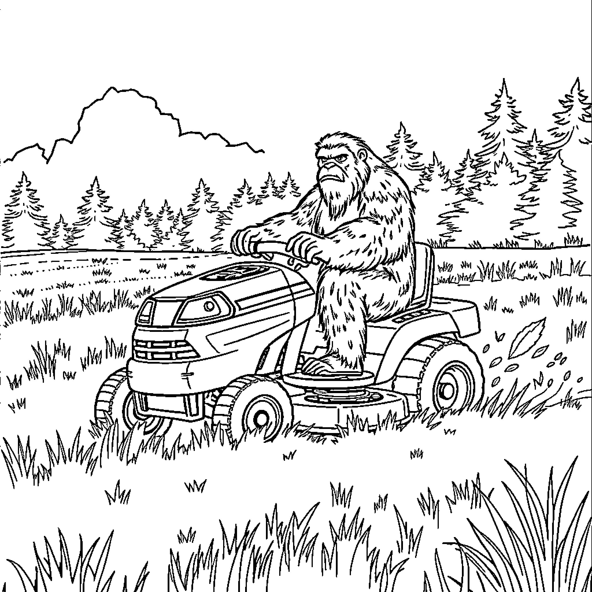 Sasquatch mowing the lawn with a lawnmower in the forest Coloring Page (free black-and-white line drawing printable PDF for all, from beginners to advanced learners, including children, teens, adults, and seniors)
