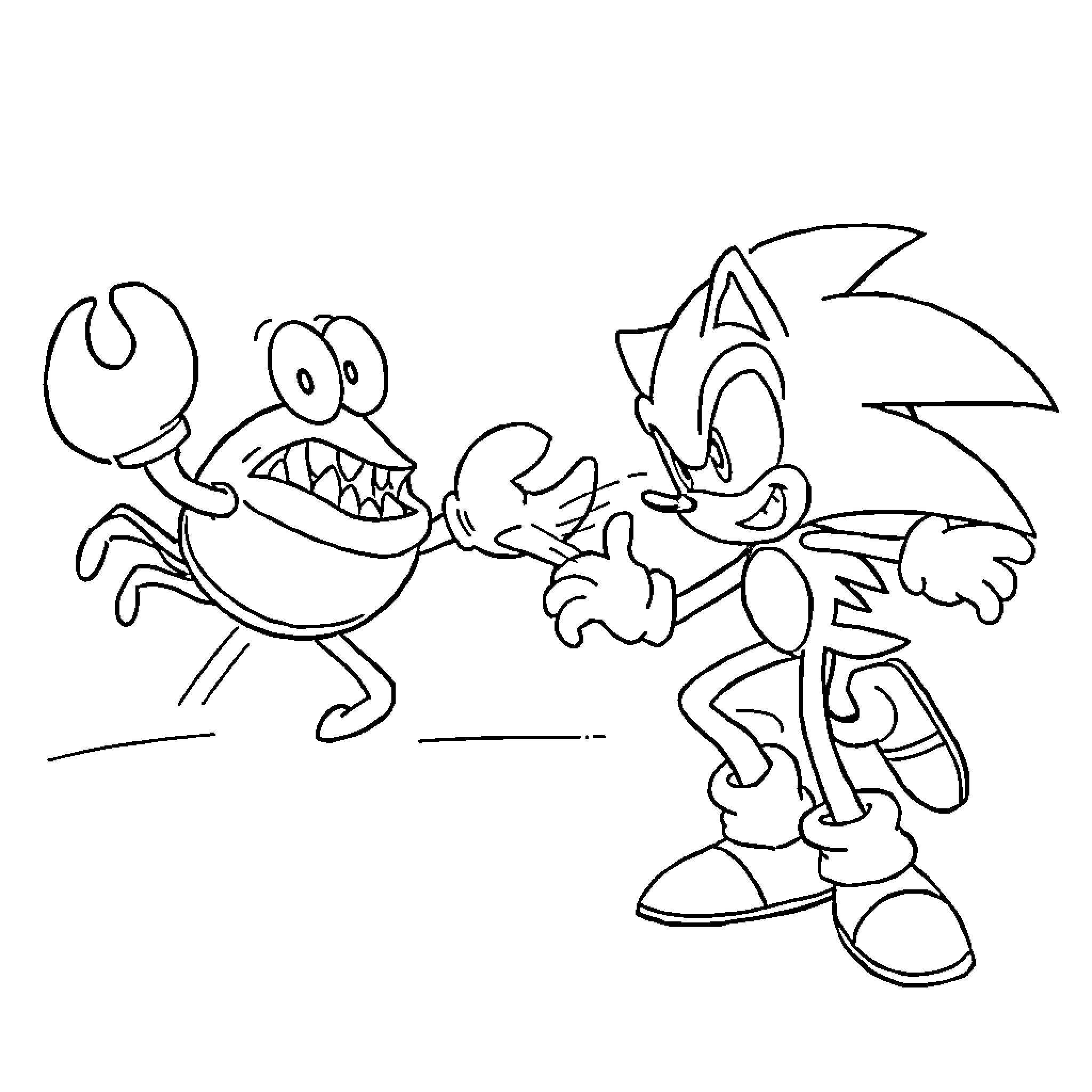 Cangrejo and Sonic racing through the scene Coloring Page (free black-and-white line drawing printable PDF for all, from beginners to advanced learners, including children, teens, adults, and seniors)