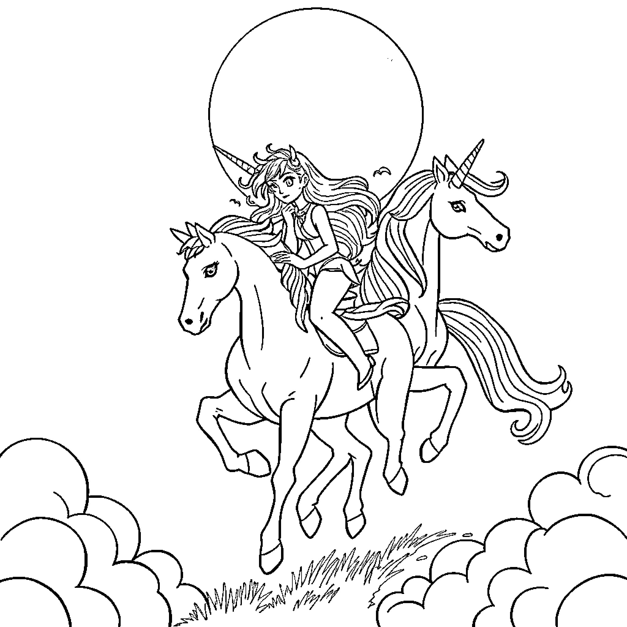 Huntrix riding magical unicorns in the clouds Coloring Page (free black-and-white line drawing printable PDF for all, from beginners to advanced learners, including children, teens, adults, and seniors)