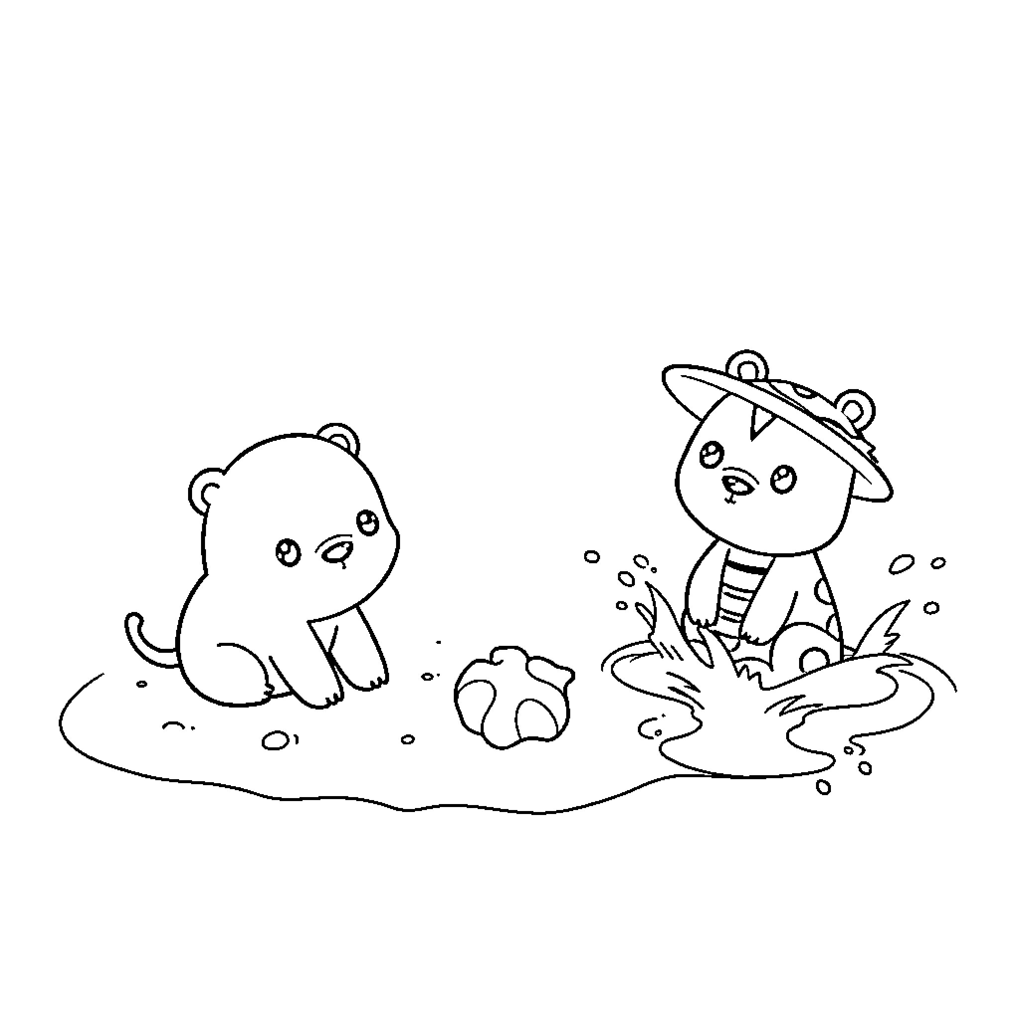 Animal friends playing in the mud Coloring Page (free black-and-white line drawing printable PDF for all, from beginners to advanced learners, including children, teens, adults, and seniors)