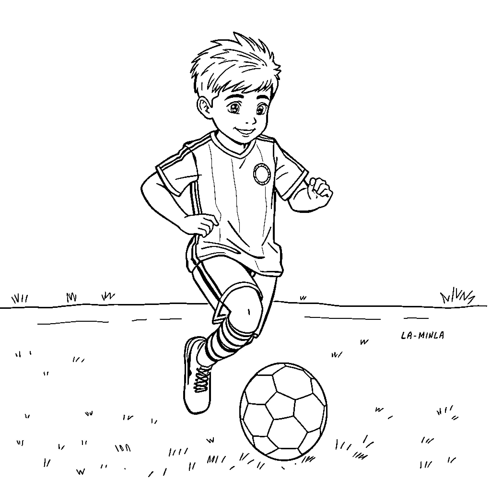 Footballer dribbling a soccer ball on the field Coloring Page (free black-and-white line drawing printable PDF for all, from beginners to advanced learners, including children, teens, adults, and seniors)