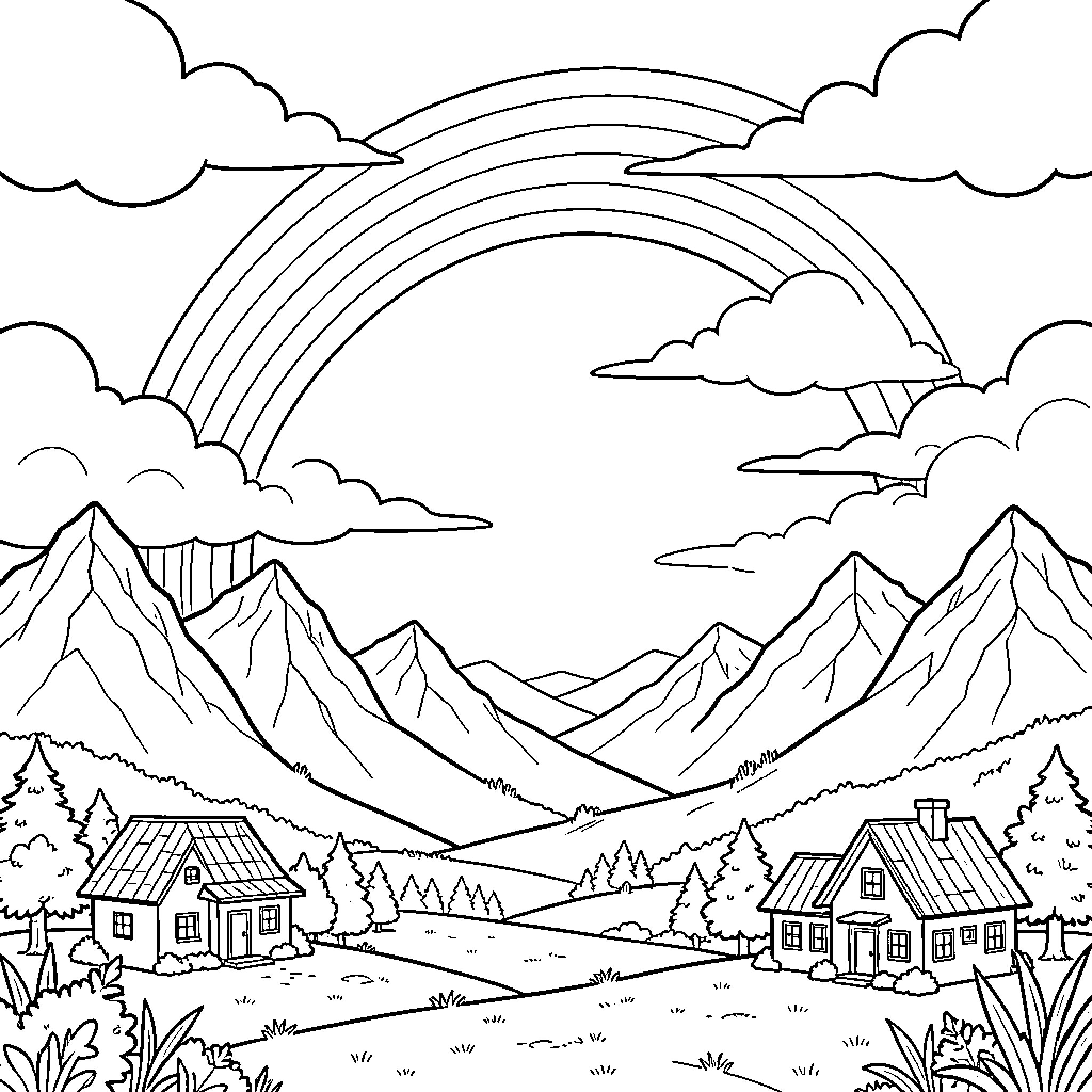 Sol rainbow arching over a peaceful mountain landscape Coloring Page (free black-and-white line drawing printable PDF for all, from beginners to advanced learners, including children, teens, adults, and seniors)