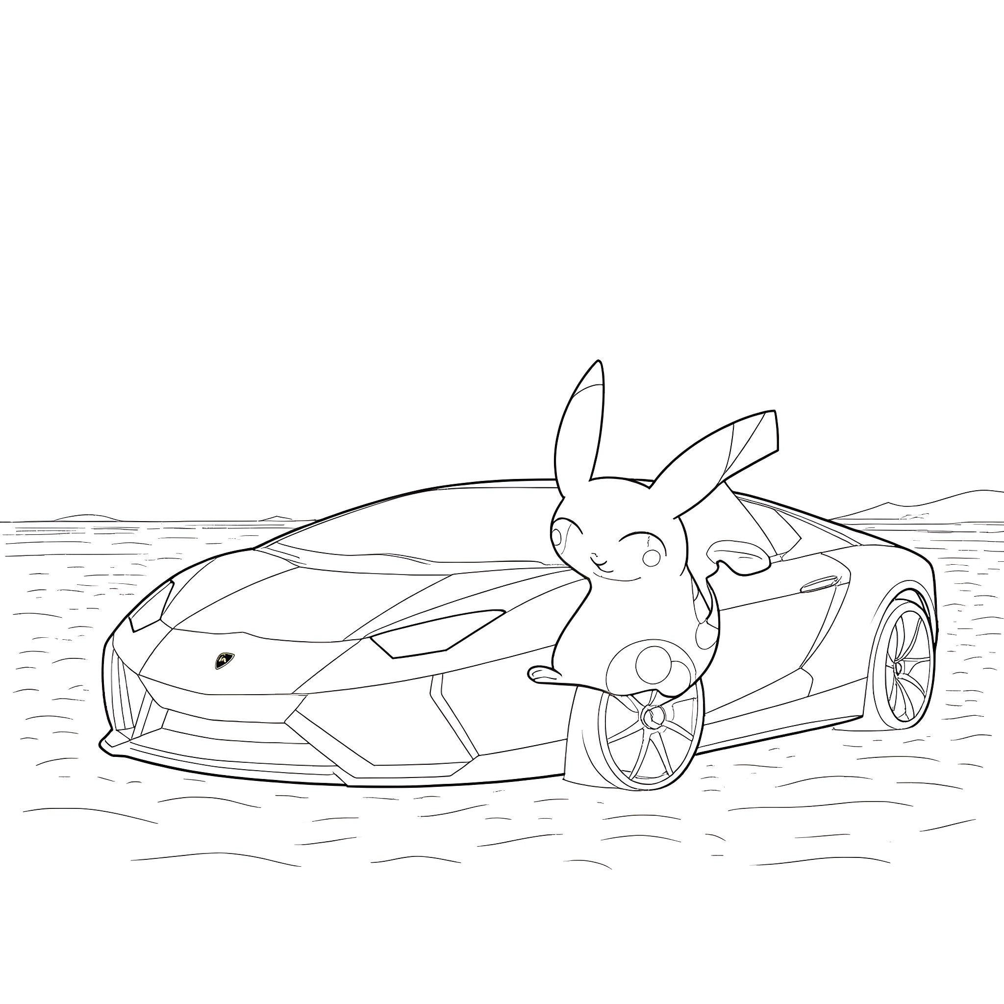 Pikachu riding a futuristic sports car Coloring Page (free black-and-white line drawing printable PDF for all, from beginners to advanced learners, including children, teens, adults, and seniors)