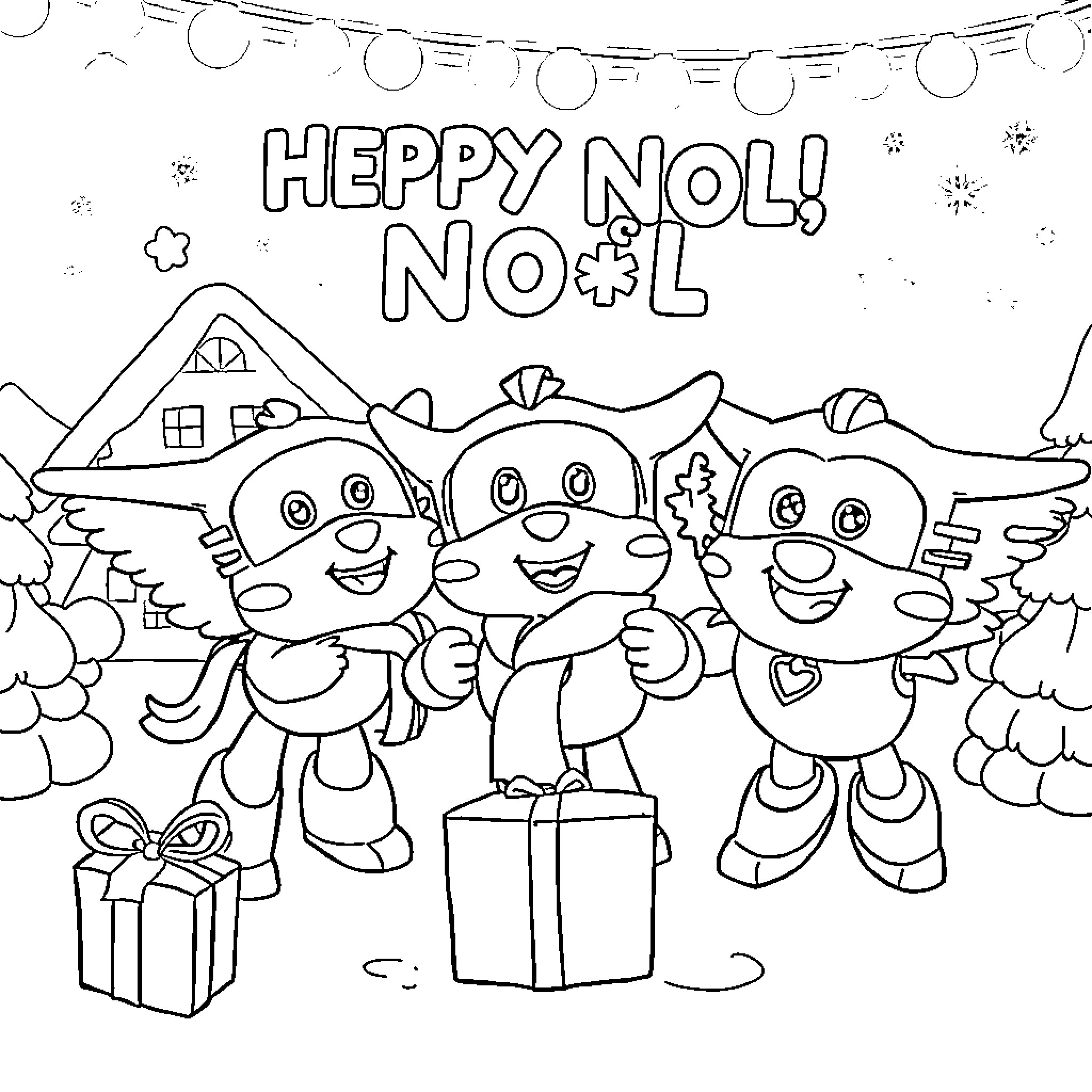 Super Wings characters celebrating Noel Coloring Page (free black-and-white line drawing printable PDF for all, from beginners to advanced learners, including children, teens, adults, and seniors)